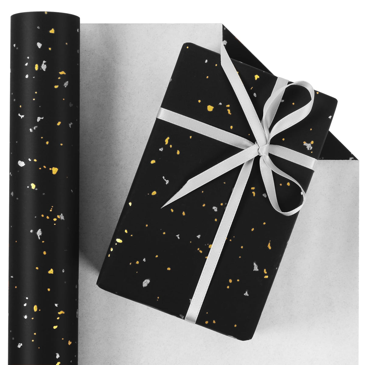 Aimyoo Black Wrapping Paper Roll - Mini Roll - 17 Inch x 60 Feet - Black with Gold Flakes Foil Design for Christmas, Wedding, Birthday,Holiday,Celebrations