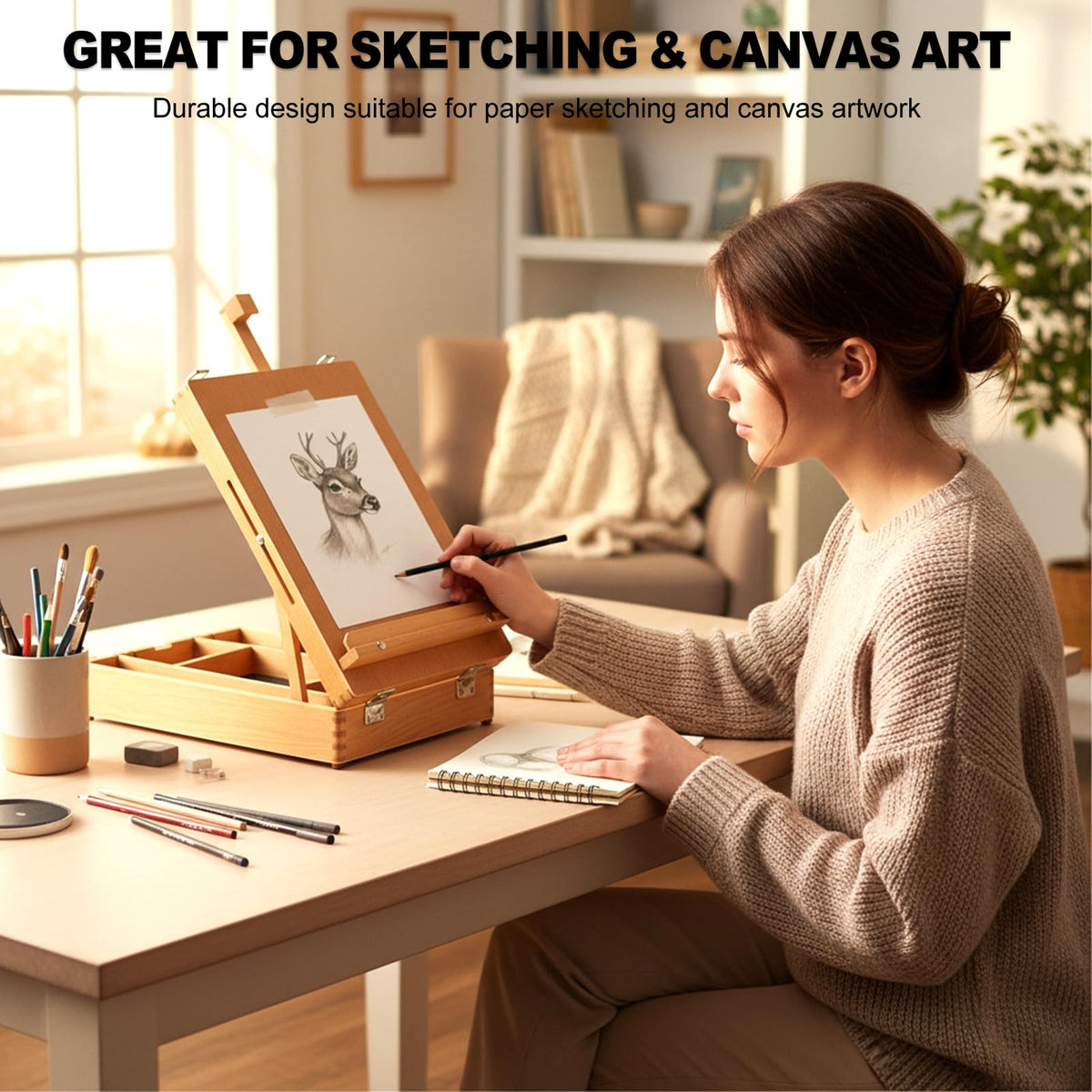 Beechwood Tabletop Easel for Painting, Portable Adjustable Sketchbox Art Easel Stand with Detachable Shoulder Strap for Beginners and Art Lovers