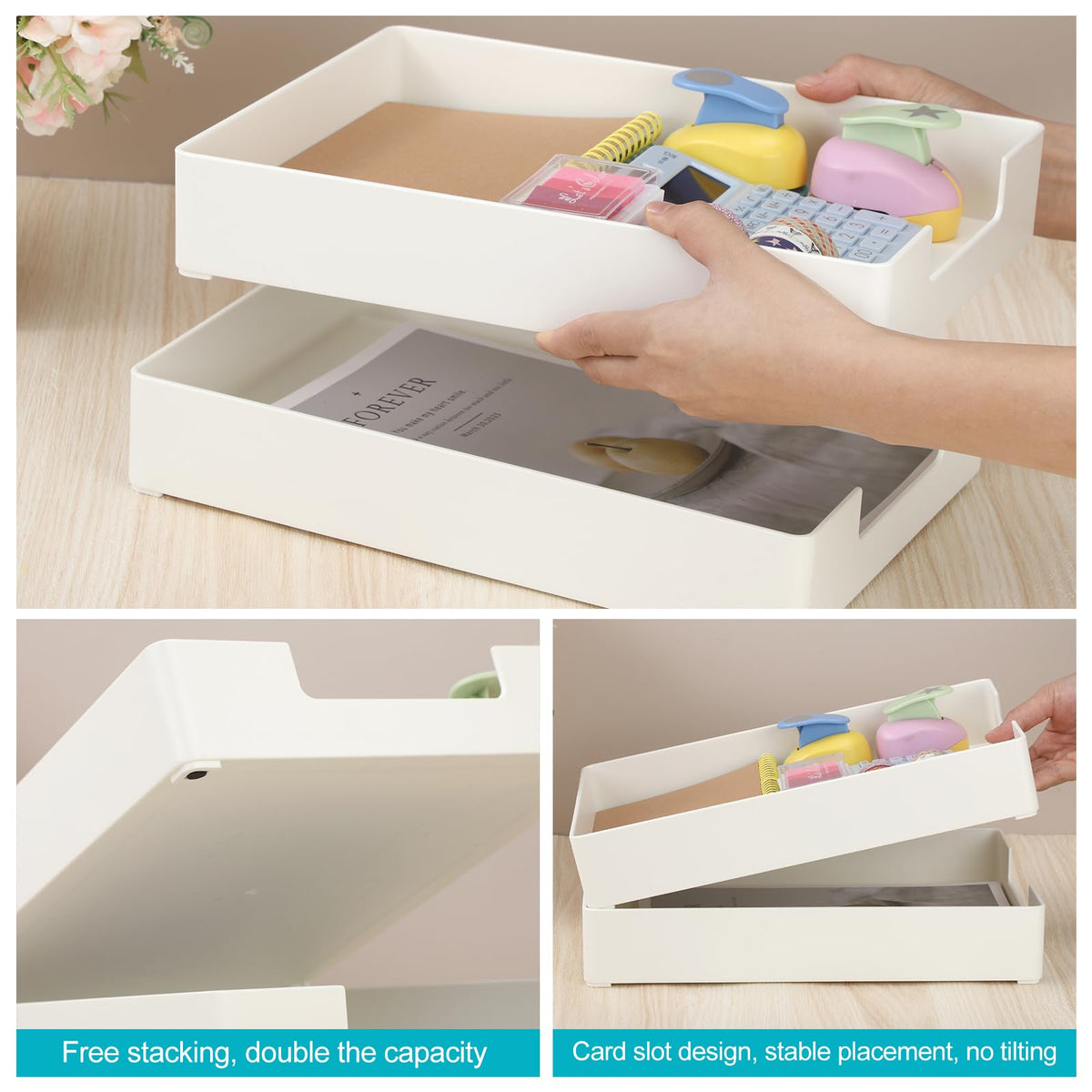 Cinnvoice 2 Pcs Letter-Size Desk Tray, Stackable Plastic Paper Holder, A4 Paper Tray Organizer for Office, School, Home Storage, Multi-use File & Document Organizer(White)