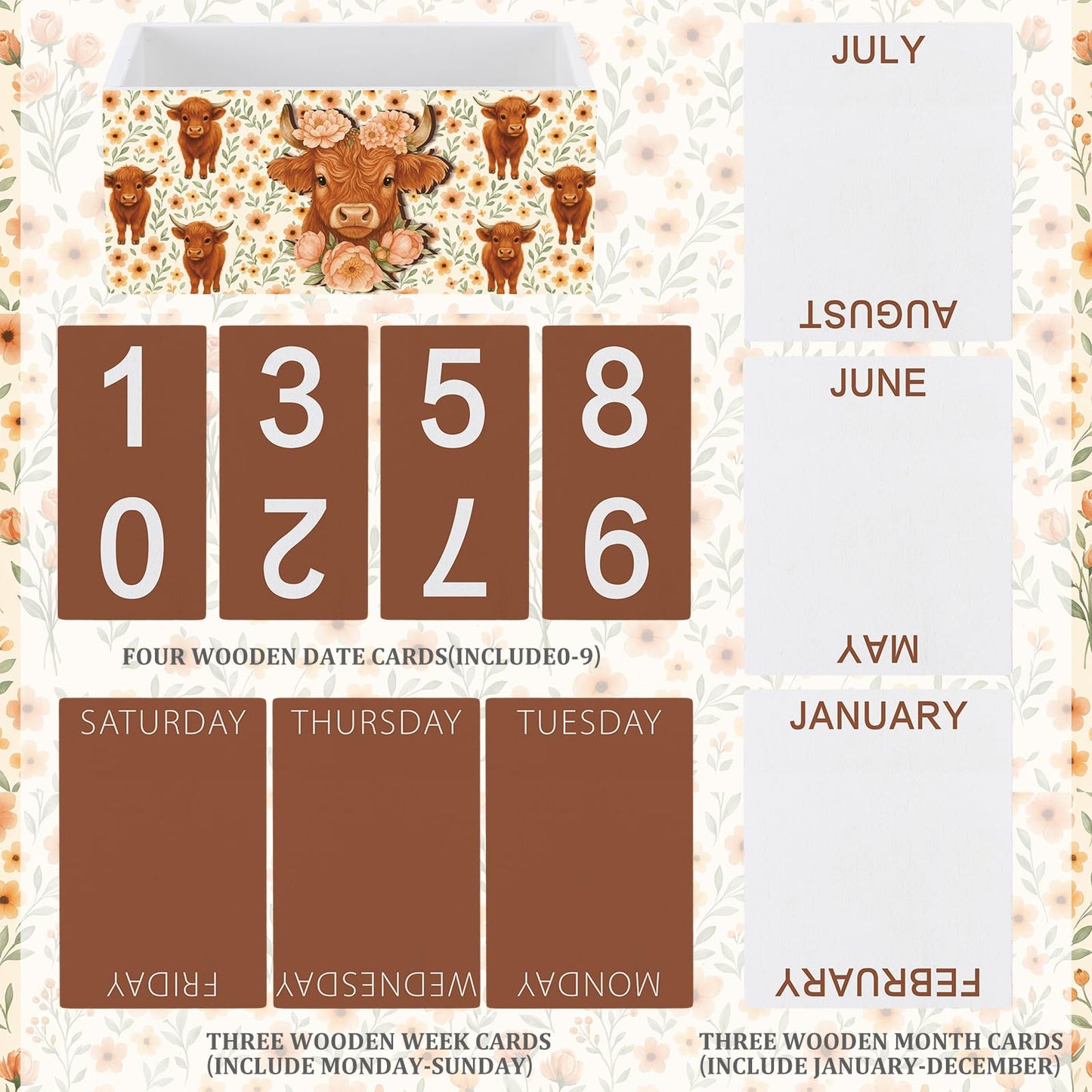 AceOrbit Highland Cow Wood Block Perpetual Calendar Coquettish Desk Decor Cute Month Week Date Display Decorative Block Calendar for Women Office Home Desk Gift for Women