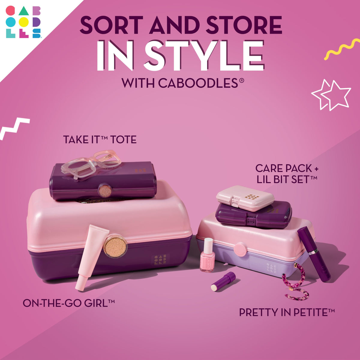 Caboodles Care Pack + Lil Bit Set, Pink & Violet, Travel Organizers for Makeup, Snap-Tight Latch for Mess-Free Travel, Compact Size