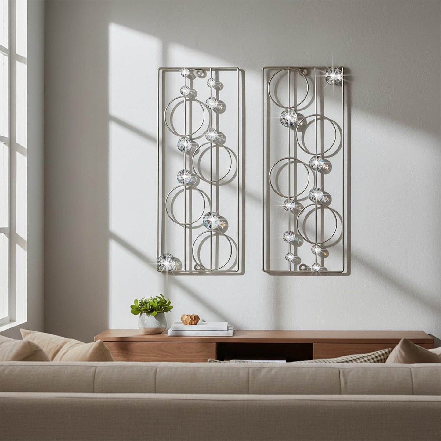 ZEXUIRU 2 Pack Bling Abstract Metal Wall Art Minimalist Line Jeweled Crystal Wall Decor Modern Geometric Rhinestone Hanging Wall Sculpture for Living Room Bedroom Bathroom Office