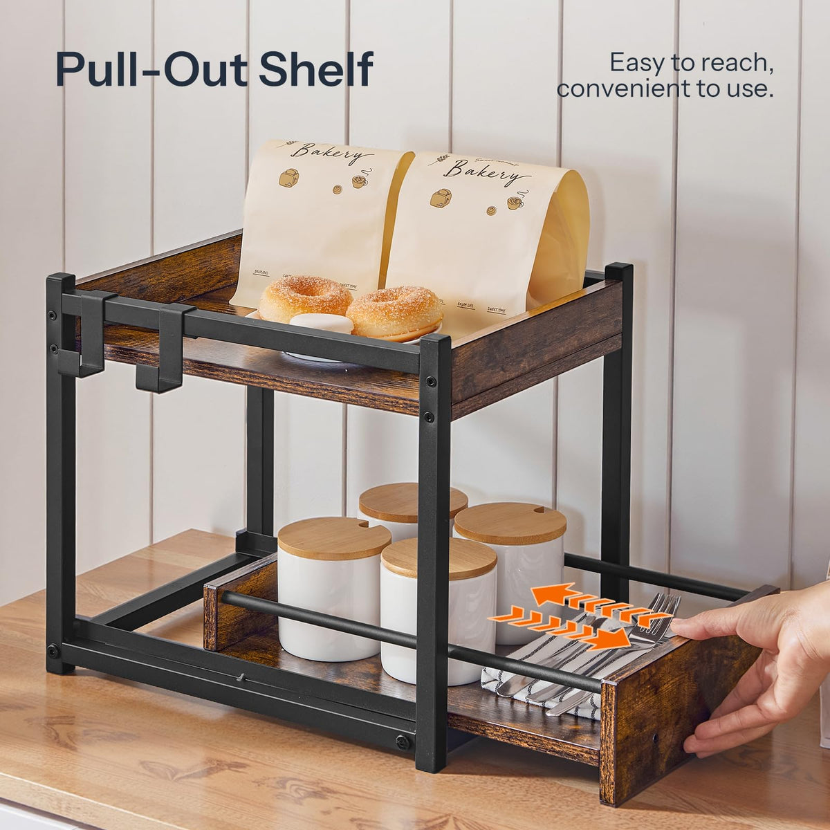 HOOBRO Kitchen Countertop Organizer, Corner Shelf Organizer, 2-Tier Spice Rack with Pull-Out Shelf and Hooks, for Kitchen, Office, Study, Bedroom, Living Room, Rustic Brown and Black BF08TL01