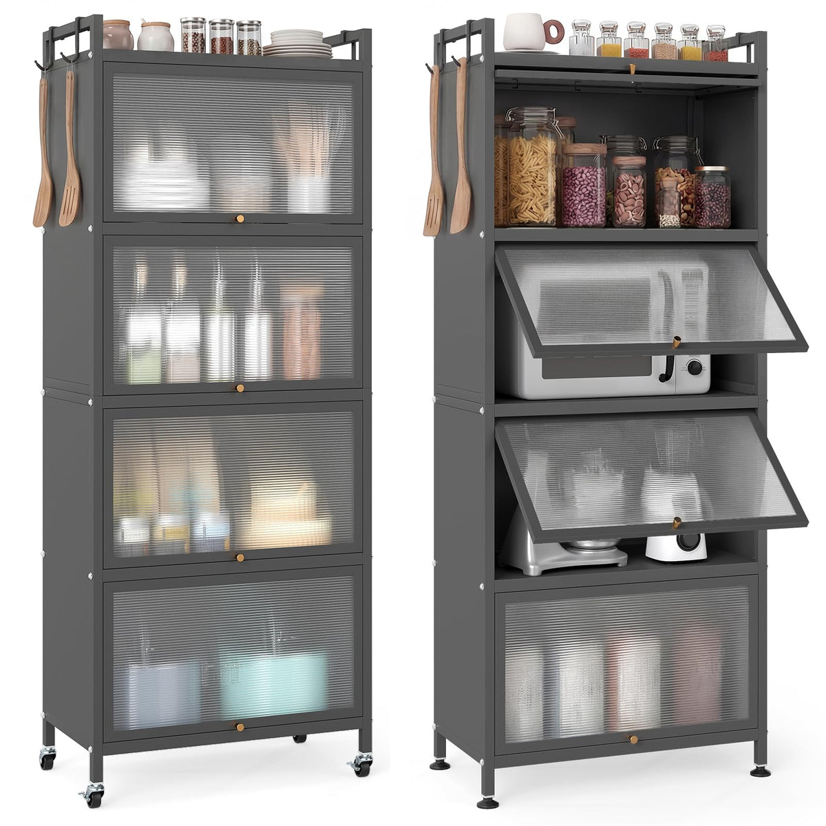 Giantex 5-Tier Kitchen Storage Cabinet, Mobile Microwave Stand with Flip-up PC Doors, Freestanding Kitchen Bakers Rack with 4 Rolling Casters, for Dining Room, Living Room and Study, Grey