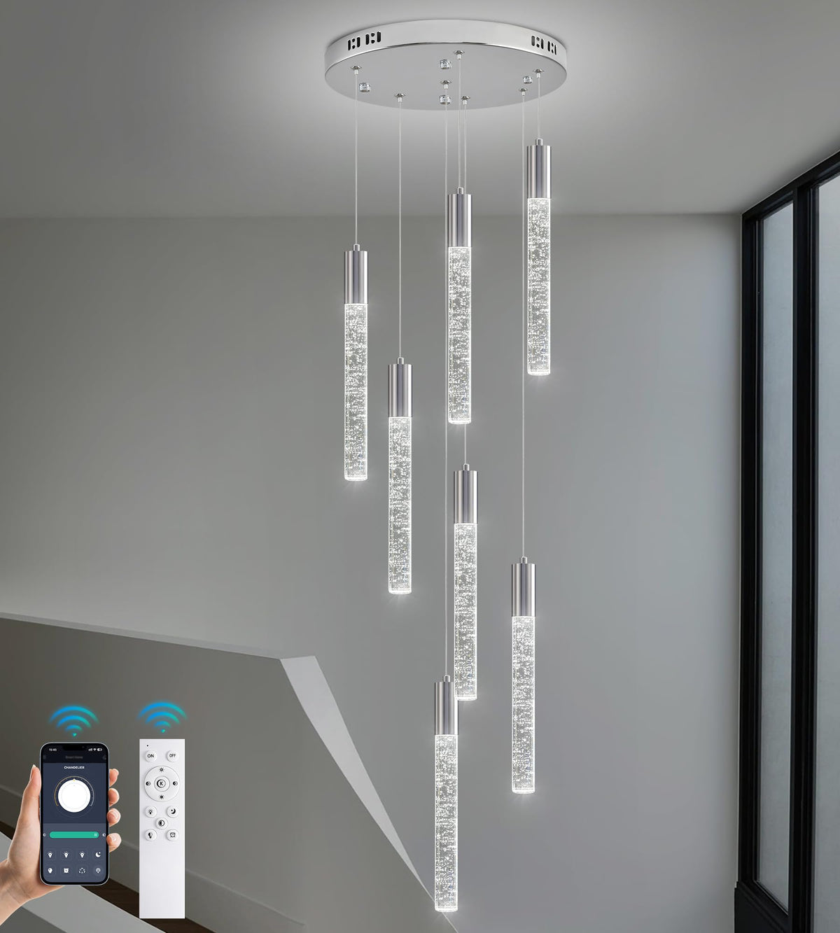 Upfelw Modern High Ceiling Crystal Chandelier 7-Lights, Spiral LED Raindrop Foyer Pendant Lighting, Bubble Staircase Living Room Hanging Light Fixture Flush Mount Chrome