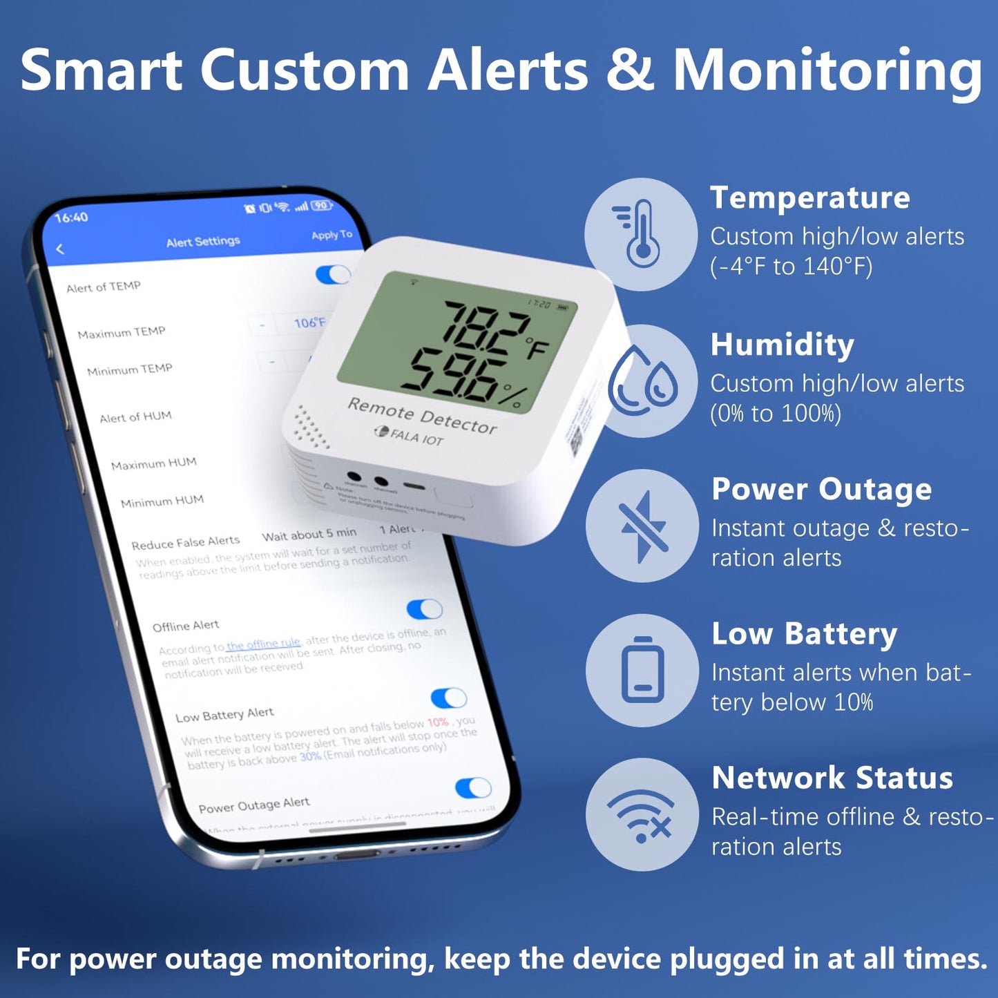 Remote WiFi Temperature & Humidity Sensor, No Subscription 24/7 Remote Temp Monitor with Email, Text Alerts, Sound & Light Alarm, Idea for RV, Pet, Greenhouse, Farm, Freezer, Server Room