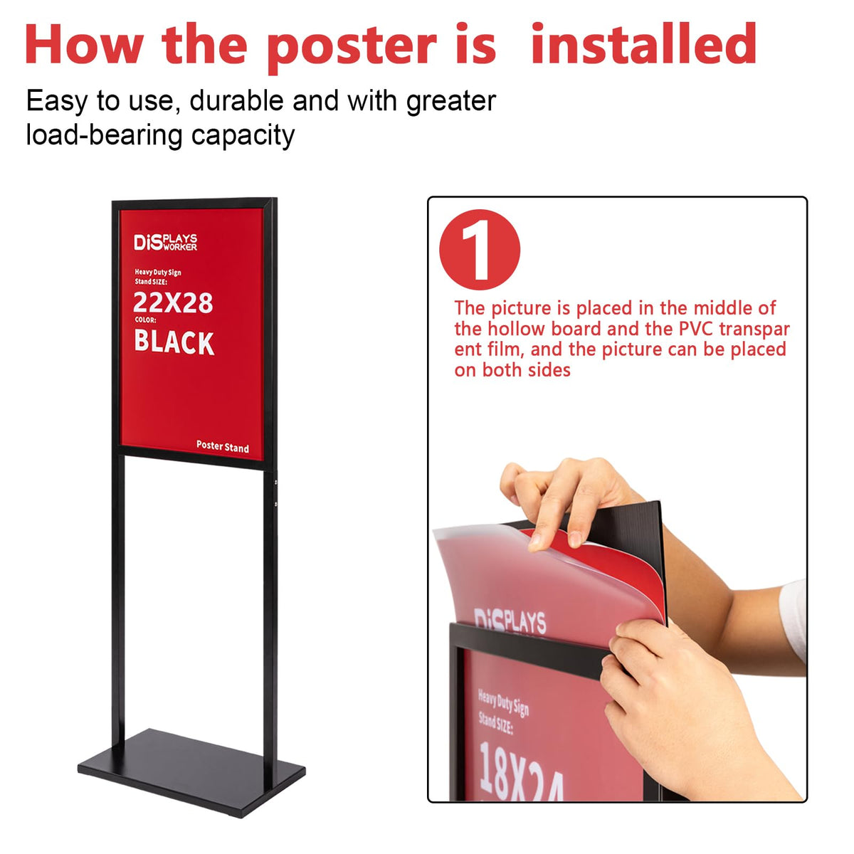 DISPLAYSWORKER Sign holder floor stand, heavy Duty Pedestal poster banner stand for display,22×28 inch slide-in double sided poster sign holder floor standing for board Display (Black, 22×28)