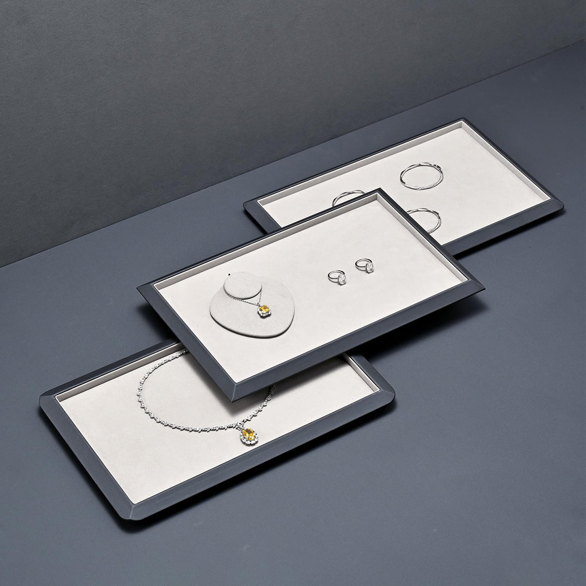 Oirlv Gray Leather Jewelry Display Tray with Microfiber Lining, Premium Square Corner Organizer