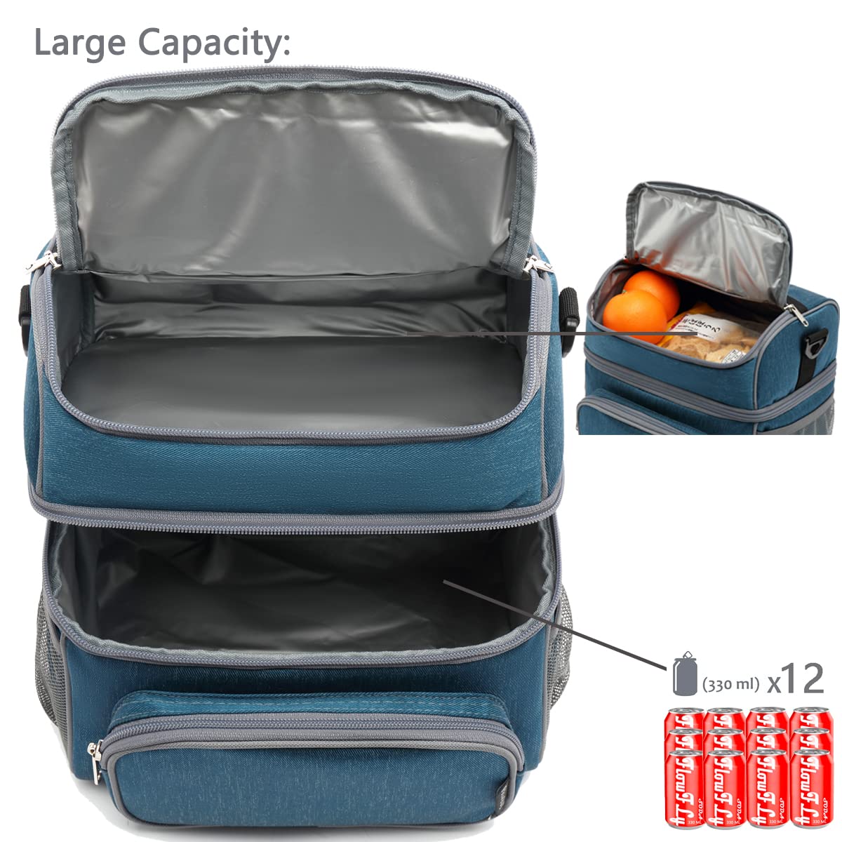 FlowFly Double Layer Cooler Insulated Lunch Bag Adult Lunch Box Large Tote Bag for Men, Women, With Adjustable Strap,Front Pocket and Dual Large Mesh Side Pockets,Lake Blue