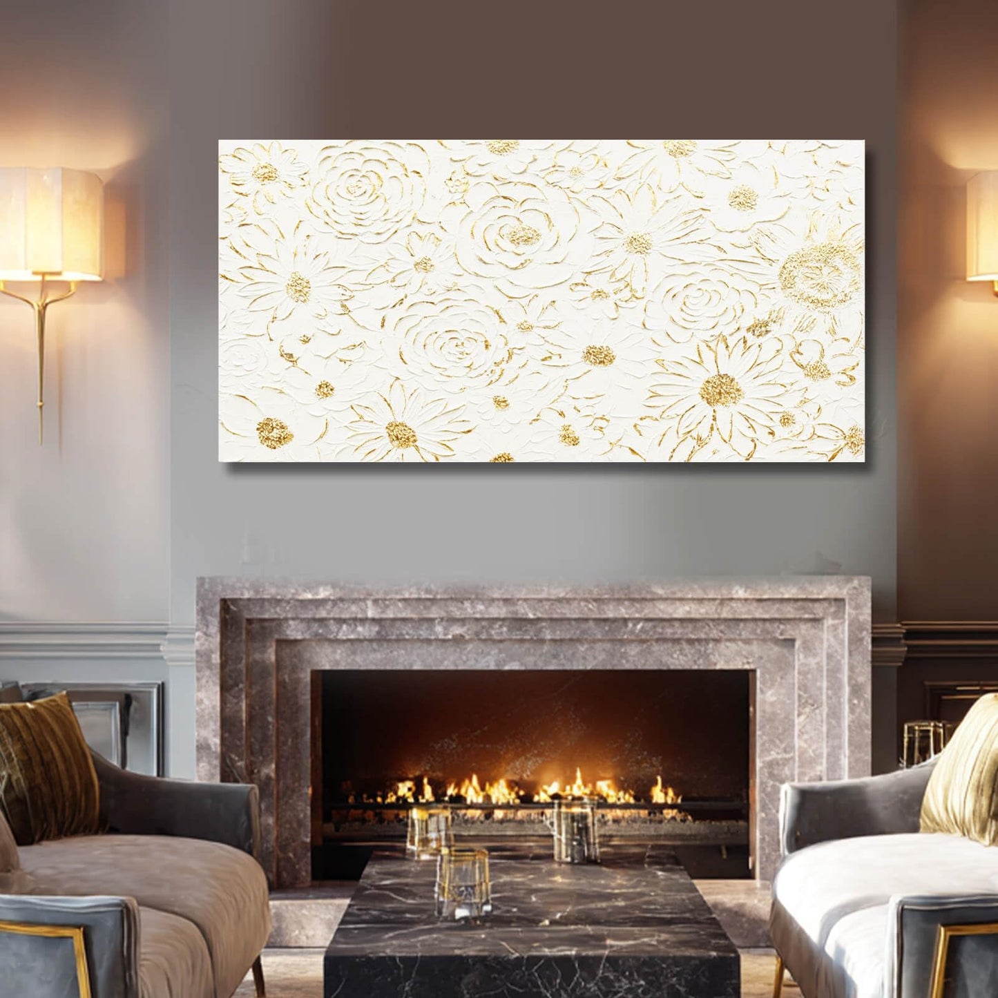 YJYart Large White Canvas Wall Art, Gold Flowers Wall Art for Wall Decor,Office Arts,Living Room or Bedroom Artwork Picture, Hallway Decoration 24"x48"