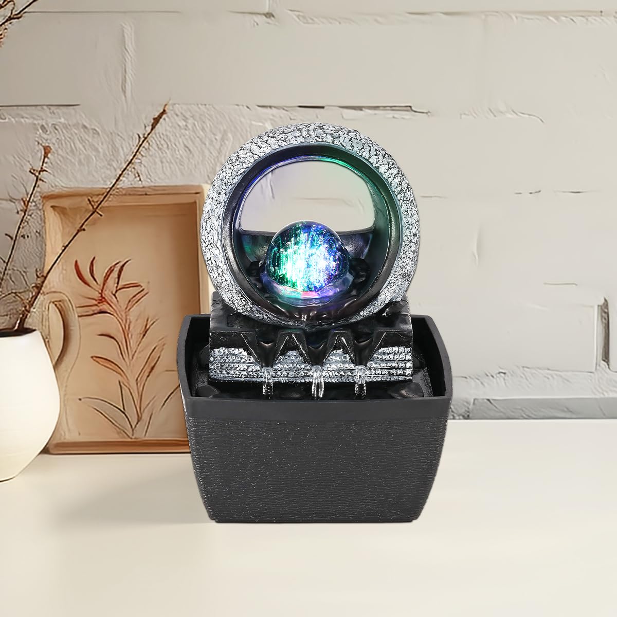 Tabletop Water Fountains, 3 Gears Desktop Fountain Indoor with Led Rolling Ball, Table Top Small Water Feature Interior Zen Relaxation Decor for Home Bedroom Living Room Office Apartment