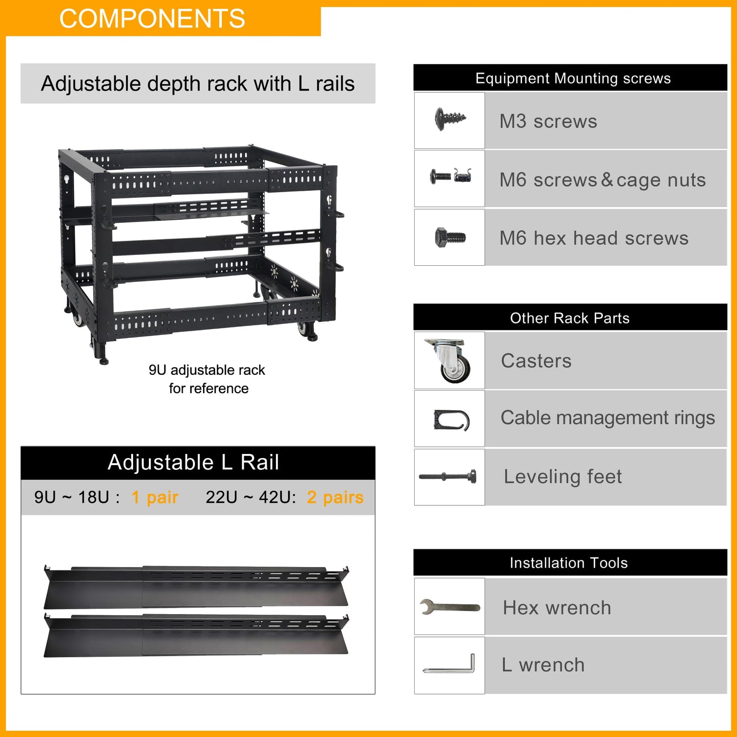 RIVECO 12U 19” Adjustable Depth Server Rack Support Up to 1700LBS Floor Standing 4 Post Rack with L Rails & Load-Bearing Casters Universal for Network Equipment Black