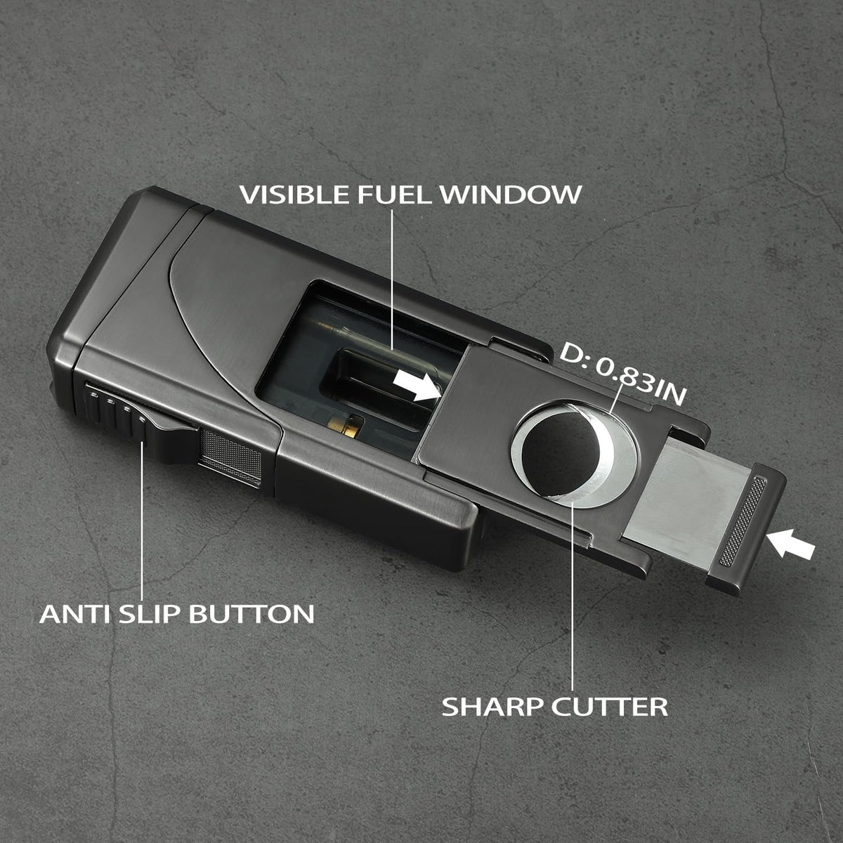 All in One Triple Jet Flame Butane Torch Lighter Built-in Cutter, Cutter V Cut, Punch, Holder Function, Draw Enhancer Tool, Refillable Windproof Gas Lighter, Mens Gifts. Grey(Sold Without Gas) ﻿