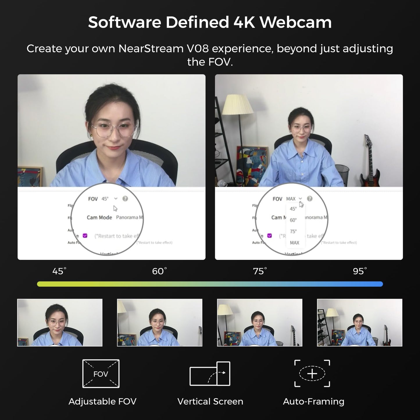 NearStream 4K Webcam for Streaming - Noise Canceling Mic, 45°-95°Adjustable FOV, Auto Focus, AI Framing, Software Control, Plug&Play, Works with Zoom/Teams/Skype/Google Meet