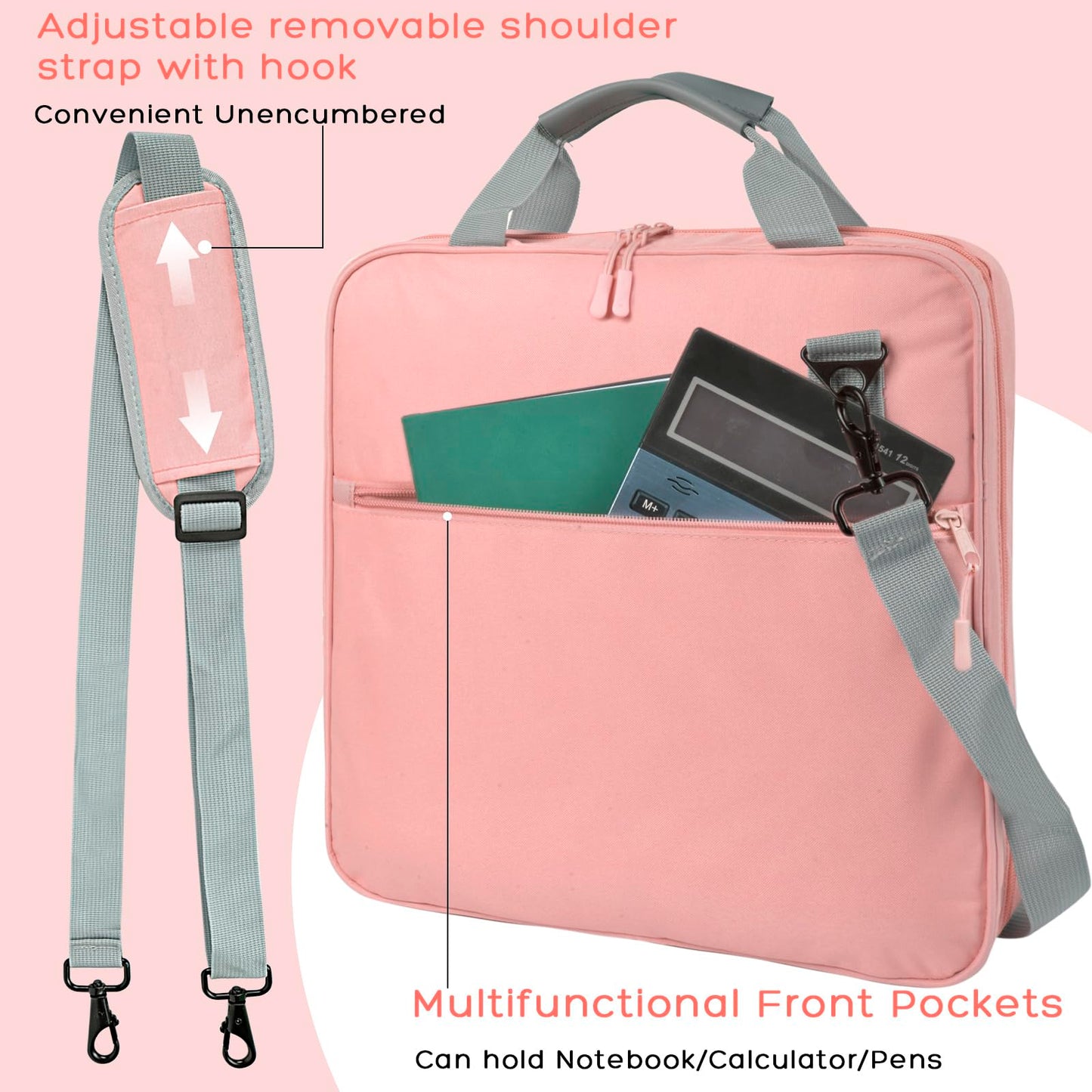 ChezMax Zipper Binder 3 Ring with Lunch Box - Zipper Binder Organizer Bag with Shoulder Strap & Handle, 2 Inch O Ring Binders, Large 500 Sheet Capacity & Multi-Pocket Binders Bag Organizer, Pink