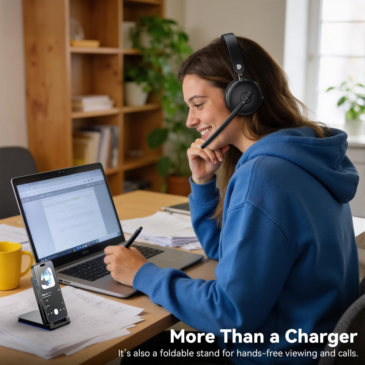 Dytole Wireless Headset with Mic for Work-Bluetooth 5.3 Headset with Microphone Noise Cancelling, Wireless Headsets with 65H Battery & 10Min Fast Charge, Smart Charging Dock for PC/Laptop/Team, Black
