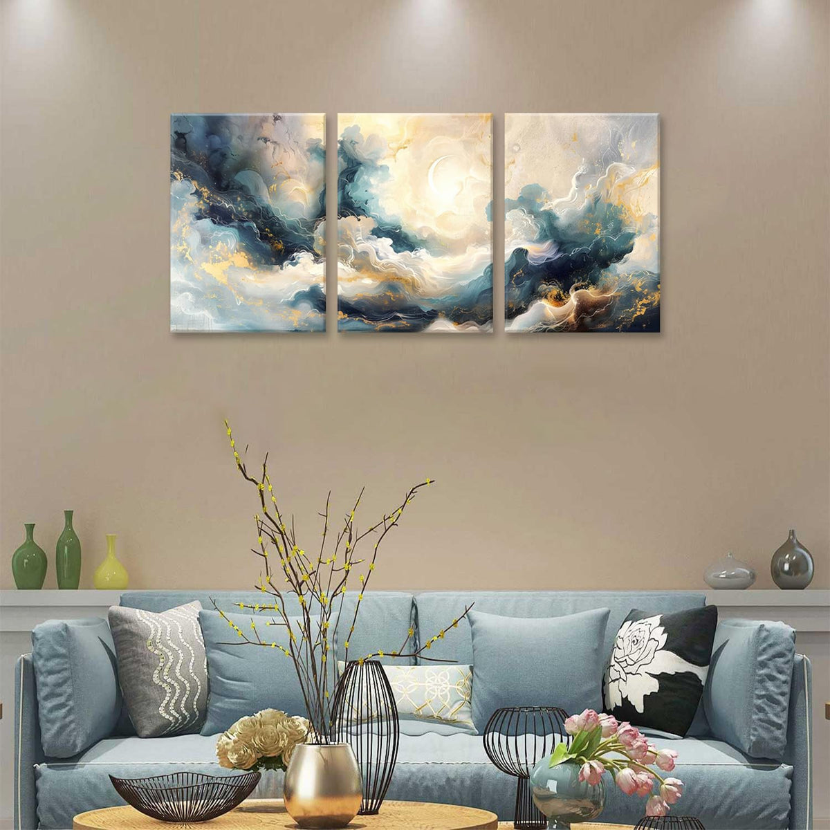 LYPHNX Framed Blue Abstract Fantasy Canvas Wall Art Minimalism Ink Painting Poster Set of 3 Modern ArtWork Navy Blue Gold Marble Prints Pictuer Wall Decor for Living room Bedroom Office Hotel 12"x16"