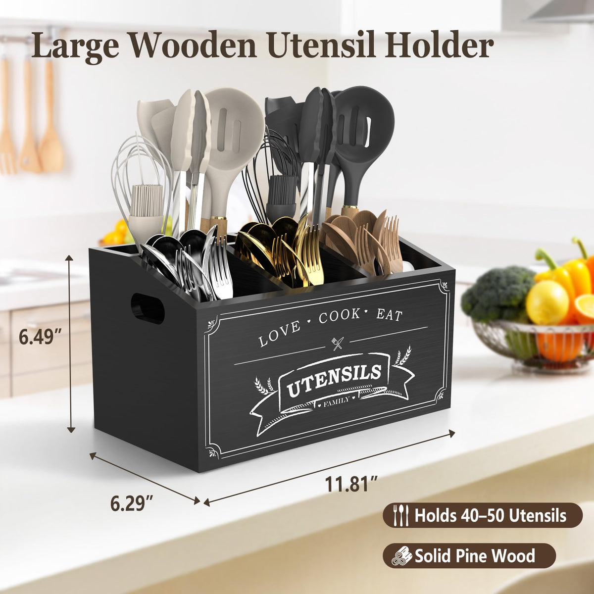 COAZEX Large Kitchen Utensil Holder with 5 Compartments, Wooden Cooking Utensil Holder for Countertop or Wall Mount, Rustic Farmhouse Utensil Caddy for Silverware, Forks, Spoons, and Spatulas (Black)