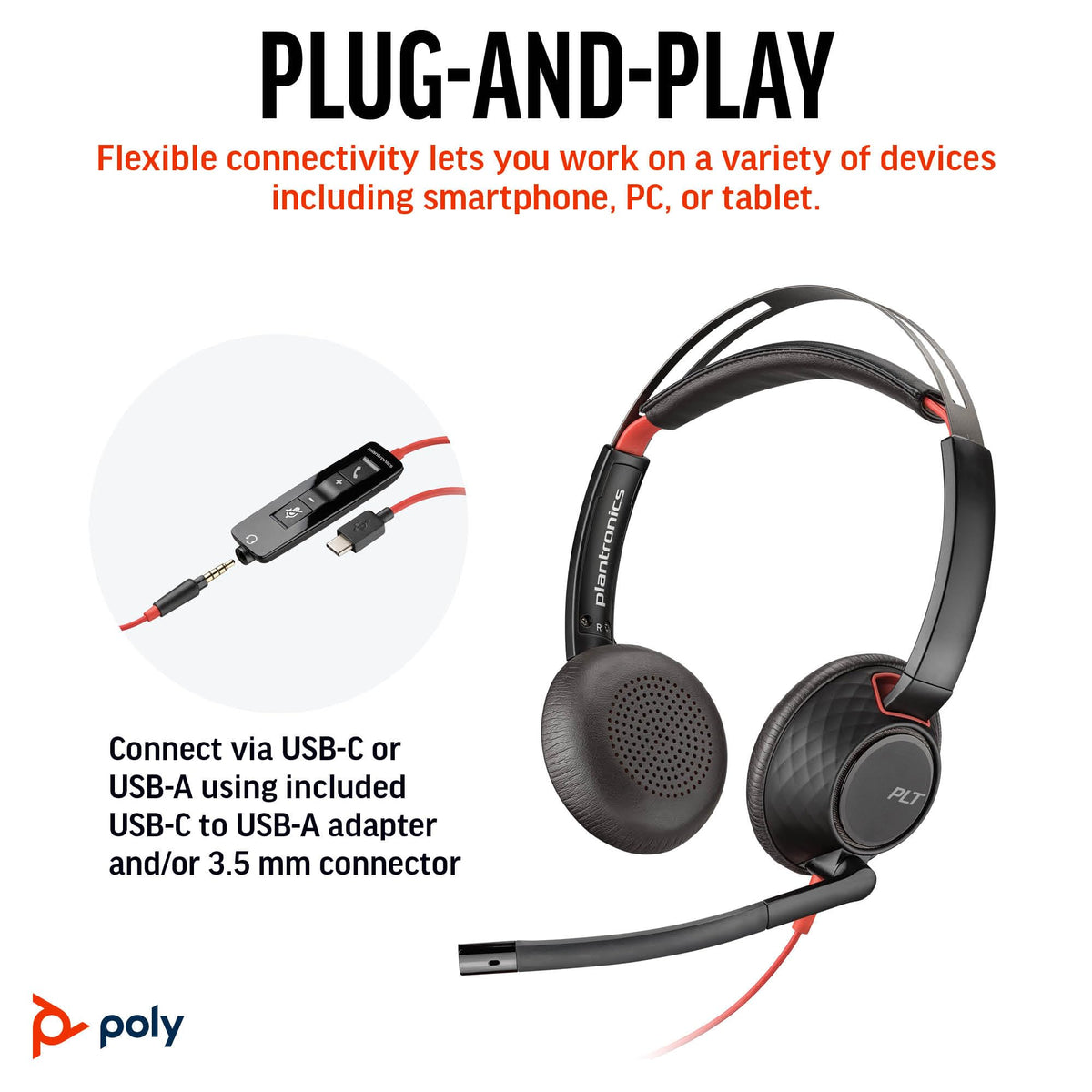 Poly Blackwire 5220 Wired Headset - Flexible Boom Mic - Noise Cancelling Headphones with Mic - USB-C, USB-A, 3.5mm - Ergonomic Over-Ear Design - Works with Microsoft Teams, Zoom - Work from Home