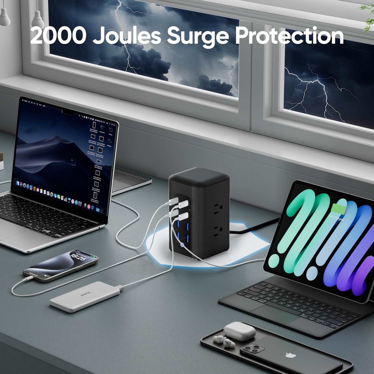TenTrend Power Strip Tower (230W), 14-in-1 USB-C Charging Station Tower with 2000J Surge Protection, 5FT Extension Cord with 6 AC Outlets & 8 USB Ports for Home Office Dorm Essentials