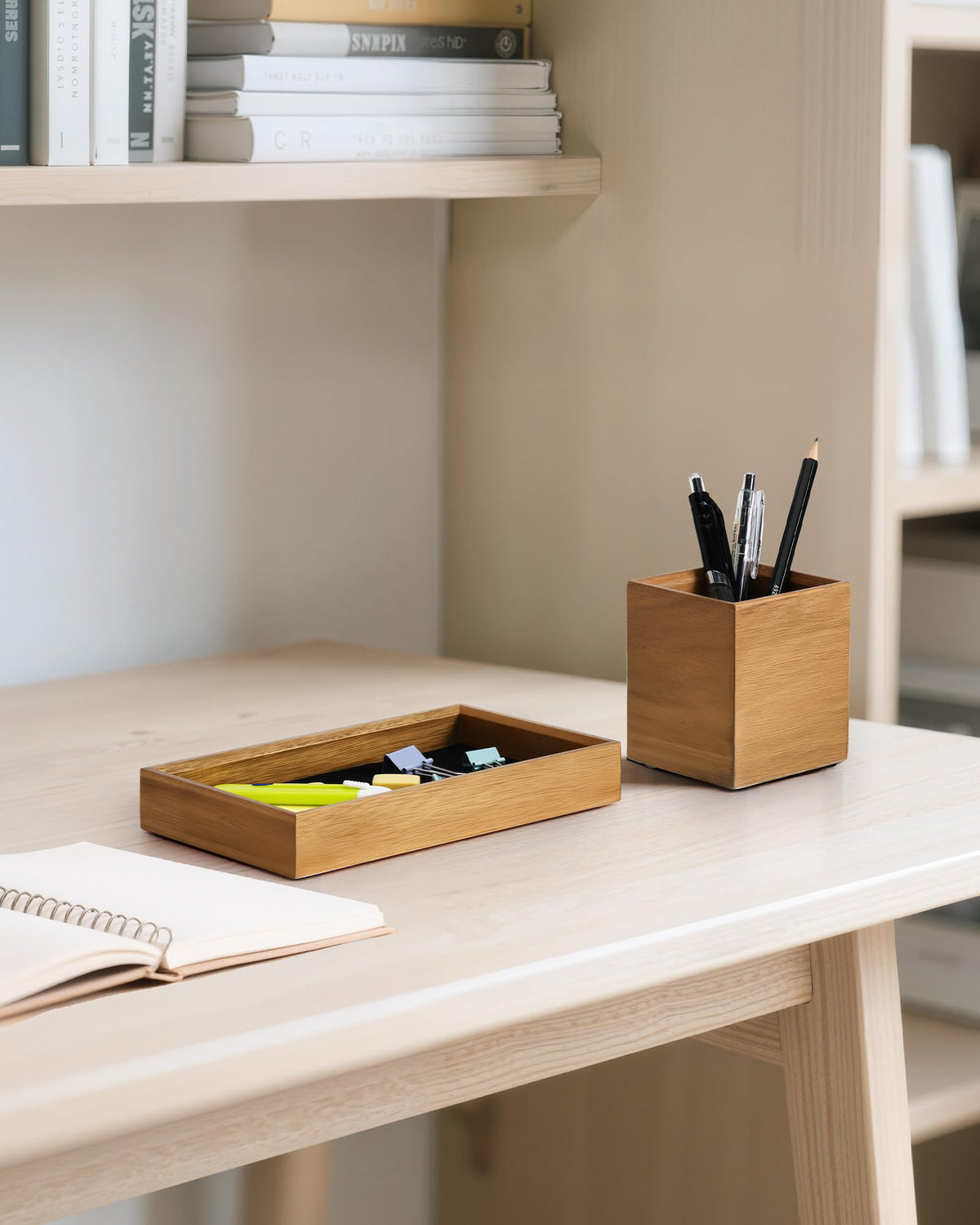 HULISEN Wooden Desk Organizer Tray with Pen Holder, Non-Slip Desk Tray and Pencil Holder Set with Felt Lined, Desktop Accessories for Home Office Workspace Organization