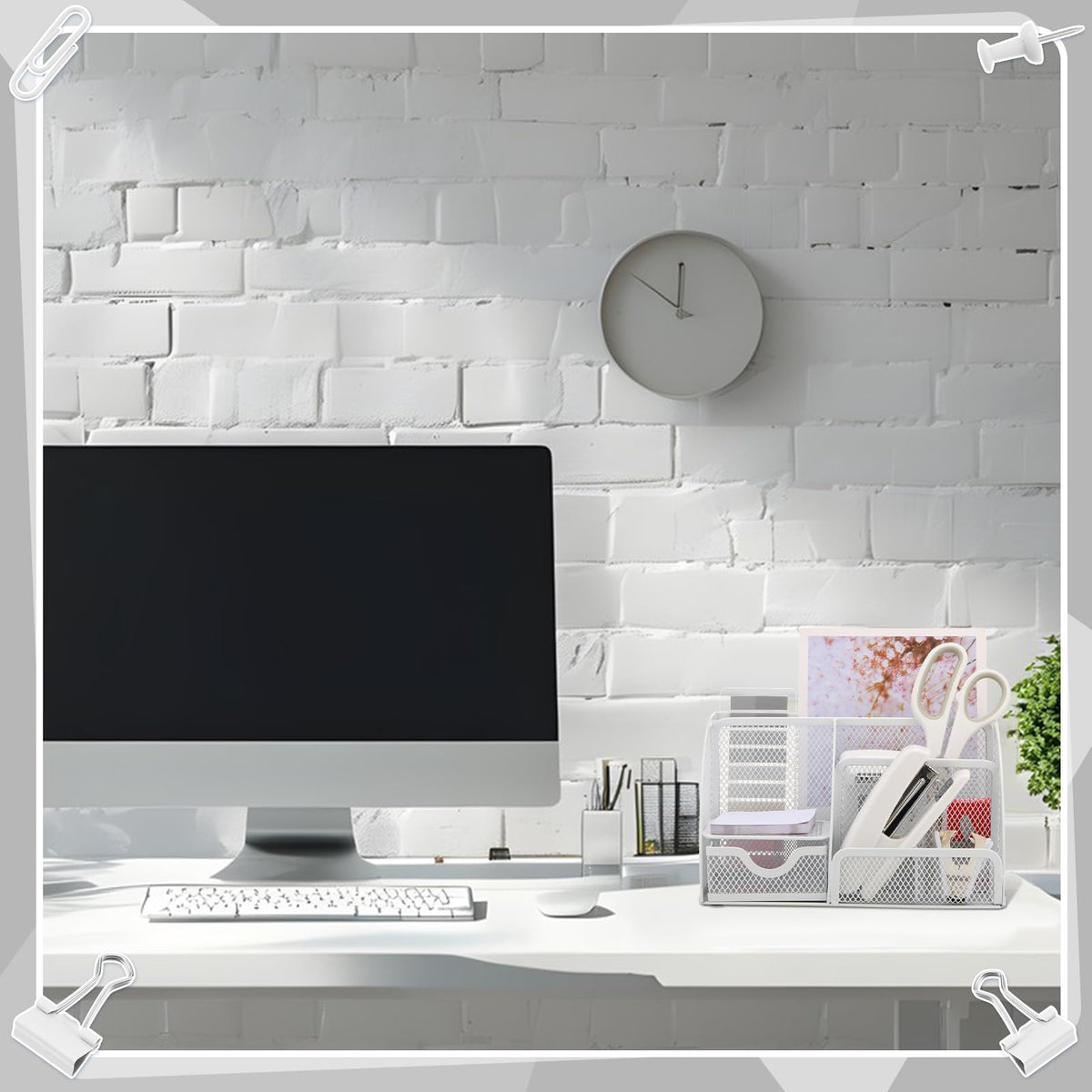 11 in 1 Desk Organizers and Accessories - White Office Supplies - Includes White Stapler, Tape Dispenser, Pen Holder, Staple Remover, Clips, Ruler, Scissors, Tapes, Tabs