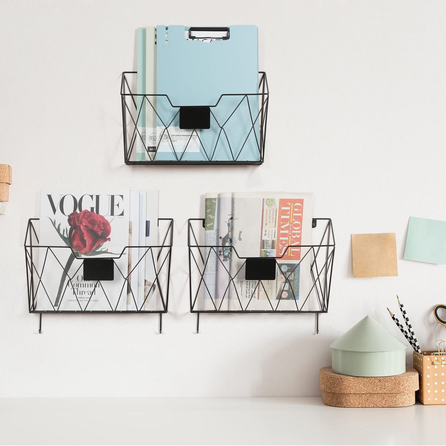 OYEAL Hanging Wall File Organizer Metal Wall File Holder 3 Pockets Mail Organizer Wall Mounted with Hooks for Office Home, Black