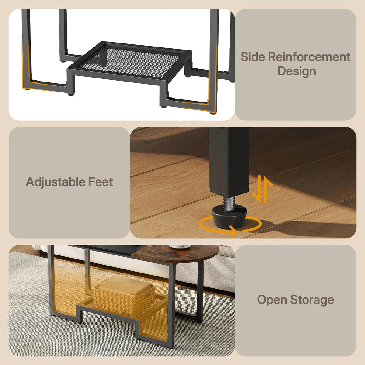 HOOBRO Coffee Table, Oval Small Coffee Table with 2-Tier Storage Shelf, Narrow Modern Center Table for Small Spaces, Living Room, Bedroom, Office, Rustic Brown and Black BFK12KF01
