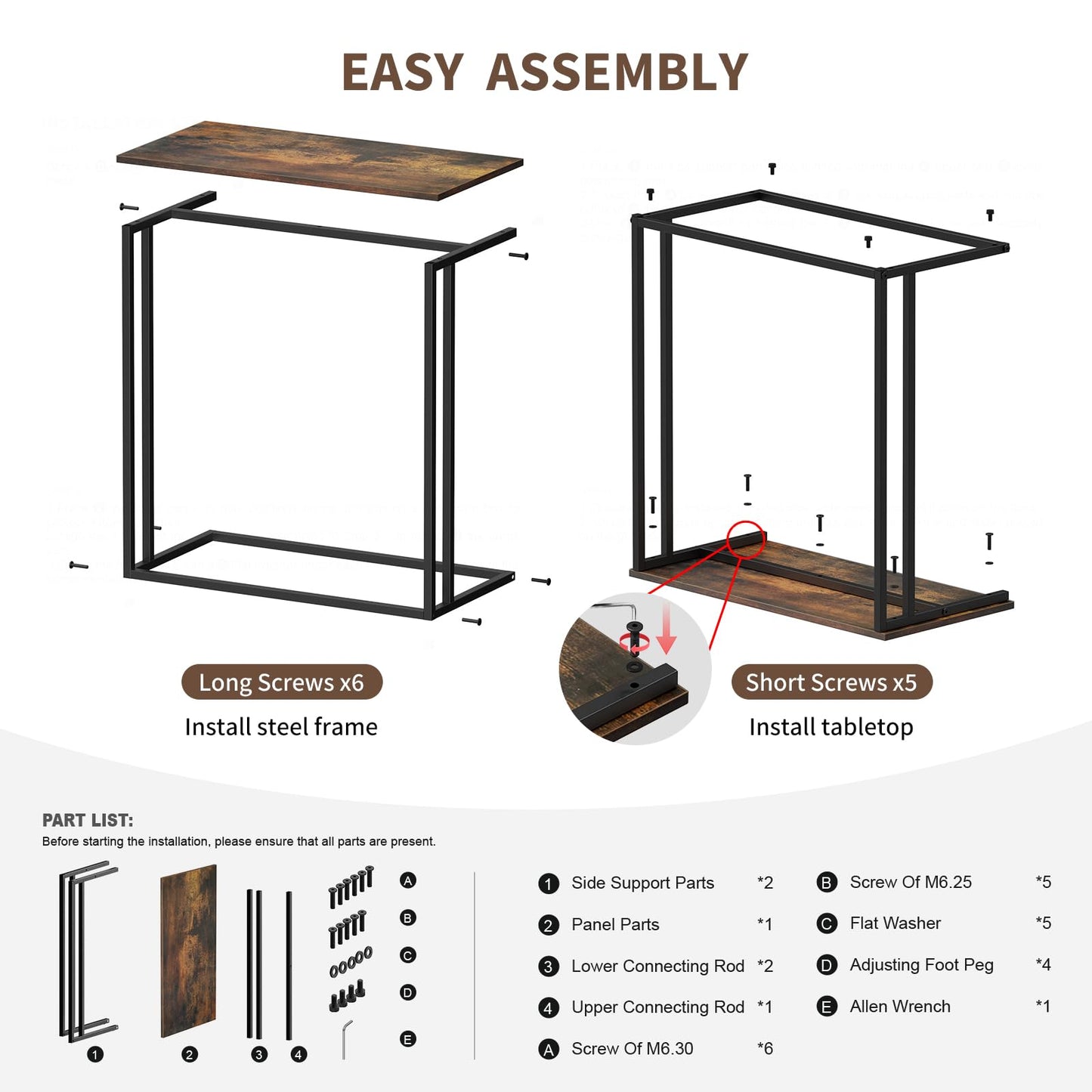 CAMOAT C-Shaped Side Table, Modern End Table with Metal Frame, Space Saving Design for Living Room，Large Surface Couch Table for Bedroom, and Home Office，24 x 12 x 24 inches (Brown)