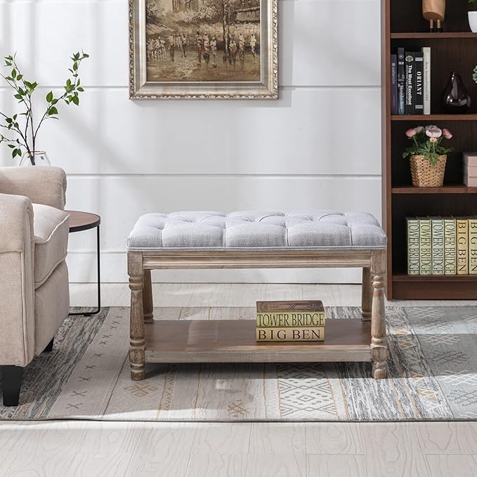 Farmhouse Storage Bench Wooden Entryway Linen Upholstered Ottoman Button Tufted