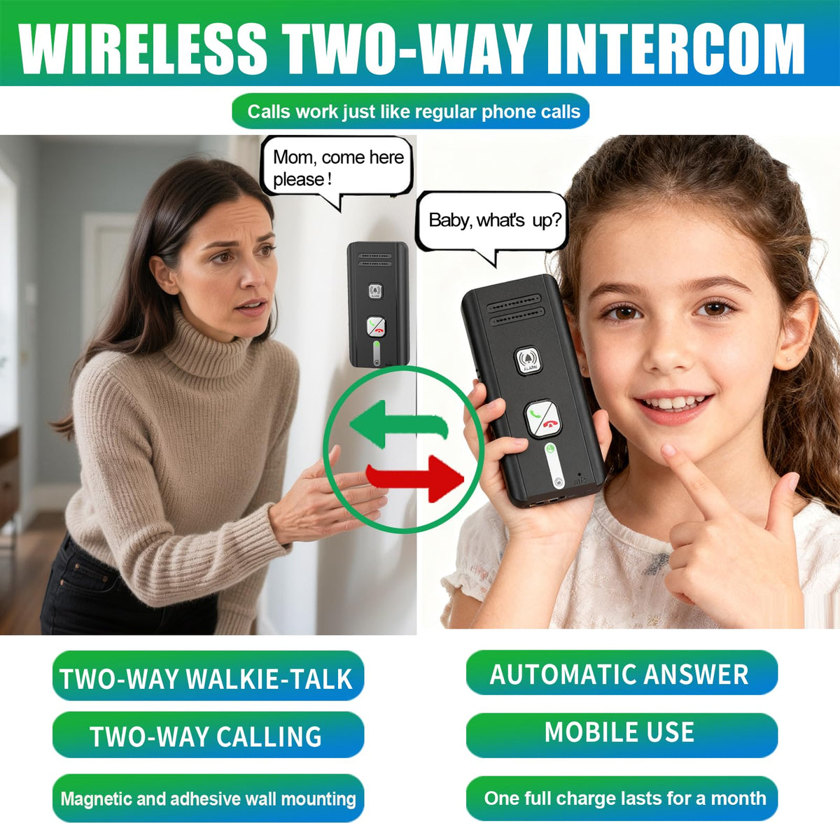 Home Intercom System Wireless 3 Pack, Expandable to 6 Units, Room-to-Room Communication, 1600ft Long Range, Auto Answer, Magnetic Wall Mount, 30-Day Battery, for Elderly Parents, Office, Indoor Use.