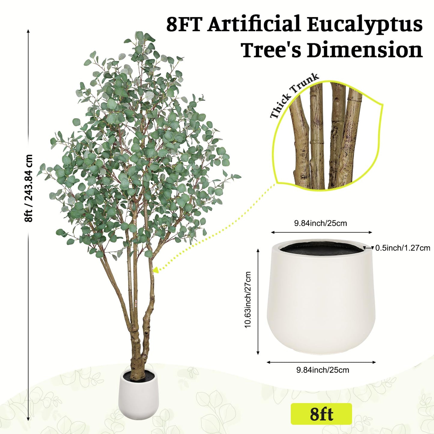 Artificial Eucalyptus Trees with White Planter, 8 FT Faux Eucalyptus Plants Indoor Tall Fake Floor Trees with Silk Leaves and Thick Trunk for Living Room Bedroom Corner Home Office Decoration