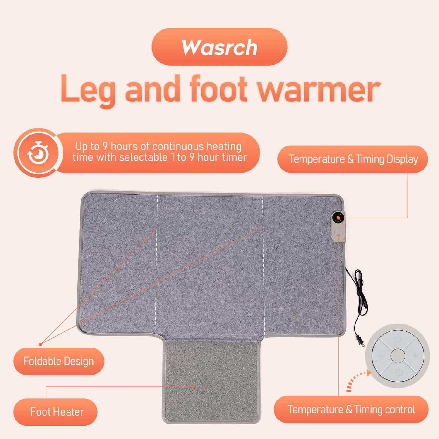 Wasrch Under Desk Warmer Portable Space Heater, Leg Warmer Foot Warmer for Office & Home, Whisper Heat Foldable Energy Efficient With Thermostat Timer Auto Shut Off