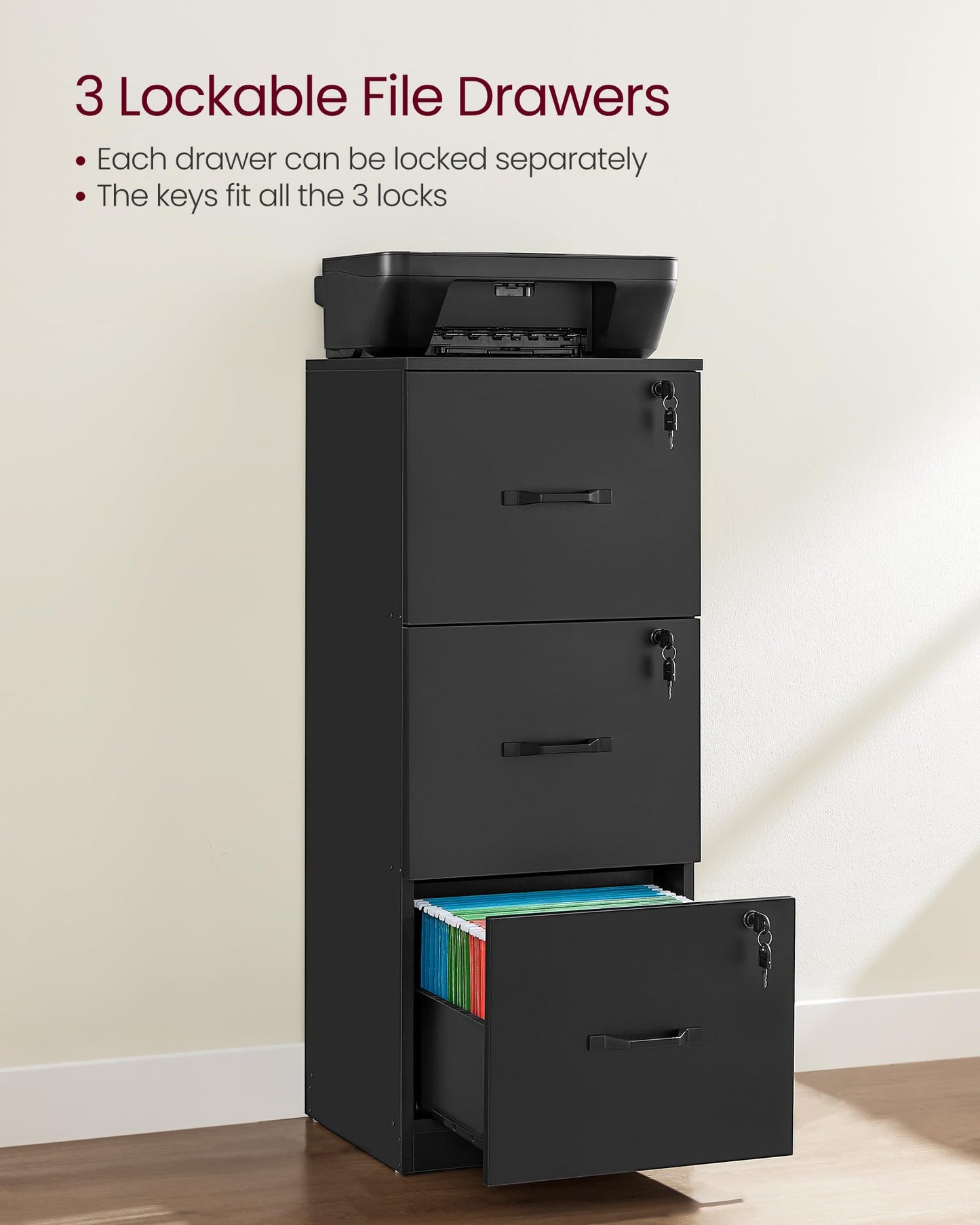 VASAGLE 3-Drawer Vertical File Cabinet, Filing Cabinet for Home Office, Printer Stand, with 3 Lockable Drawers, Adjustable Hanging Rail, for A4 and Letter-Size Files, Ink Black UOFC055B16