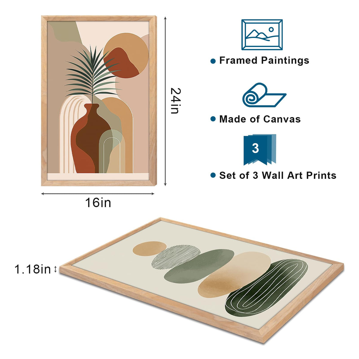 Sage Green Boho Wall Art, Framed Wall Decor for Living Room, 3 Piece Wall Art Decor, Mid Century Modern Minimalist Wall Art for Bedroom, Dining Room, Hotel, Office 24X36IN