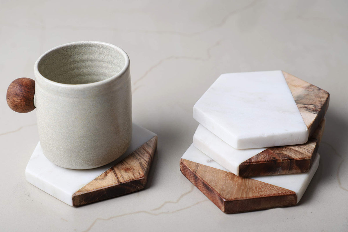 GoCraft Marble & Mango Wood Coasters - Set of 4 Handcrafted Geometric White Marble Coasters for Drinks, Wine Glasses, Beverages, Cocktails & Bar Glassware, Elegant Home Decor & Bar Accessories