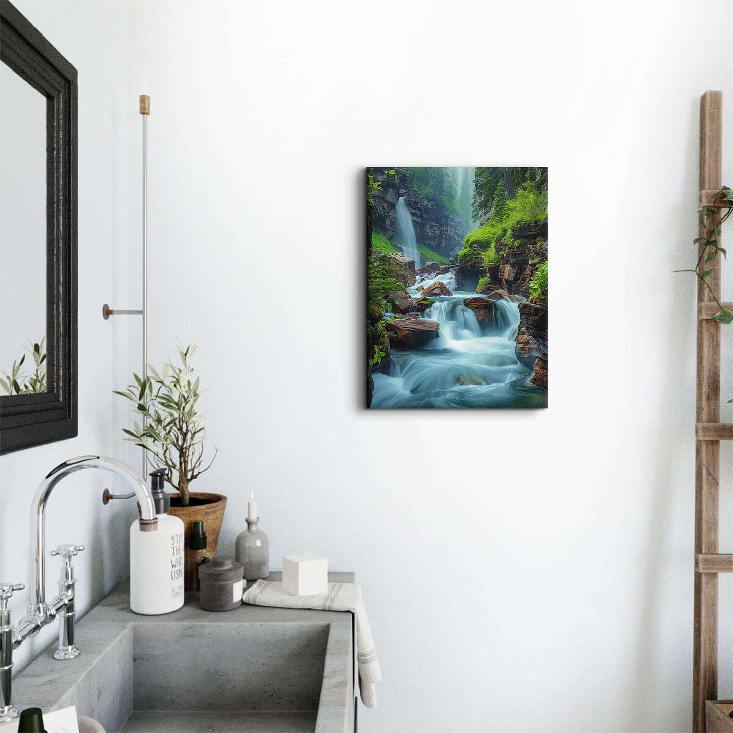 Waterfall Canvas Wall Art Nature Forest Pictures Zen Wall Decor Bathroom Decor Virginia Falls Landscape Poster Prints Tropical Mountain Scenery Painting Artwork Spa Living Room Home Decorations 12x16”
