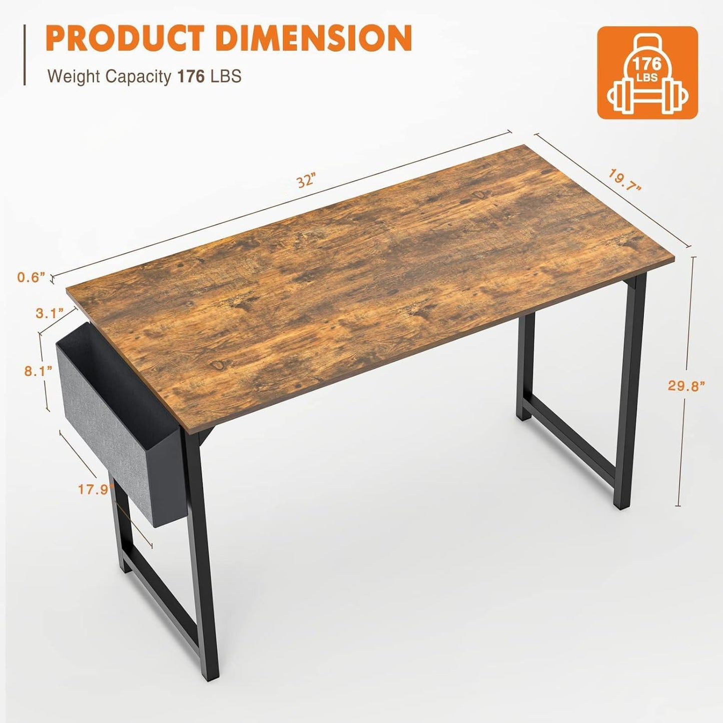 Sweetcrispy Small Computer Office Desk 32 Inch Kids Student Study Writing Work with Storage Bag & Headphone Hooks Modern Simple Home Bedroom PC Table