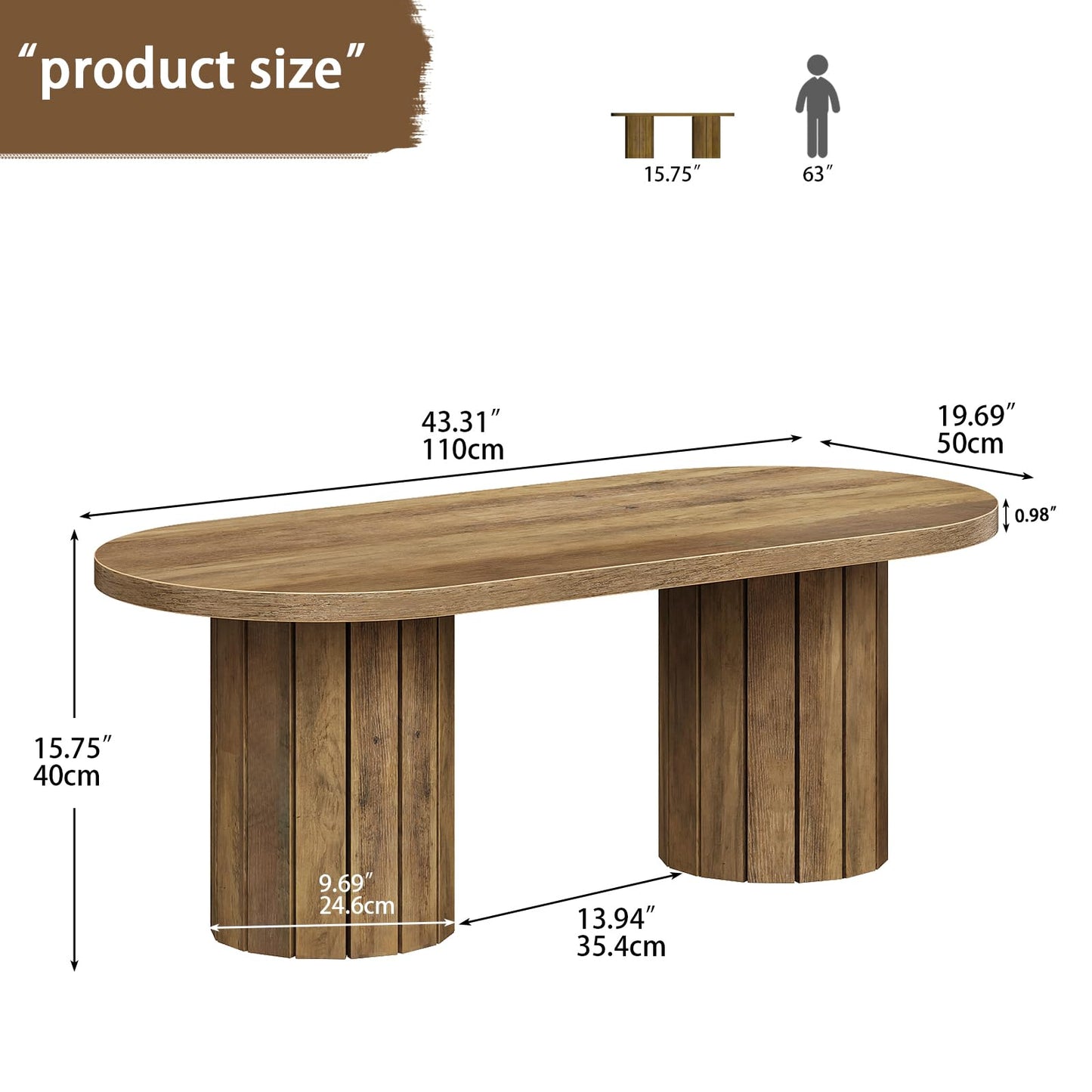 Tohomeor Oval Coffee Table, 43.3" Farmhouse Wooden Coffee Table with Fluted Legs, Mid-Century Modern Accent Center Table with for Living Room or Home Office, Retro Brown