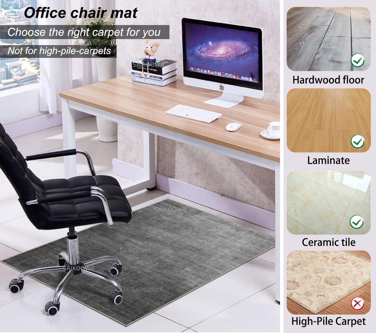 Chair Mat for Hardwood Floor,48"*36" Under Desk Mat for Rolling Computer Chair &Low Pile Carpet Floor,Anti-Slip Floor Protector for Home Office Light Gray