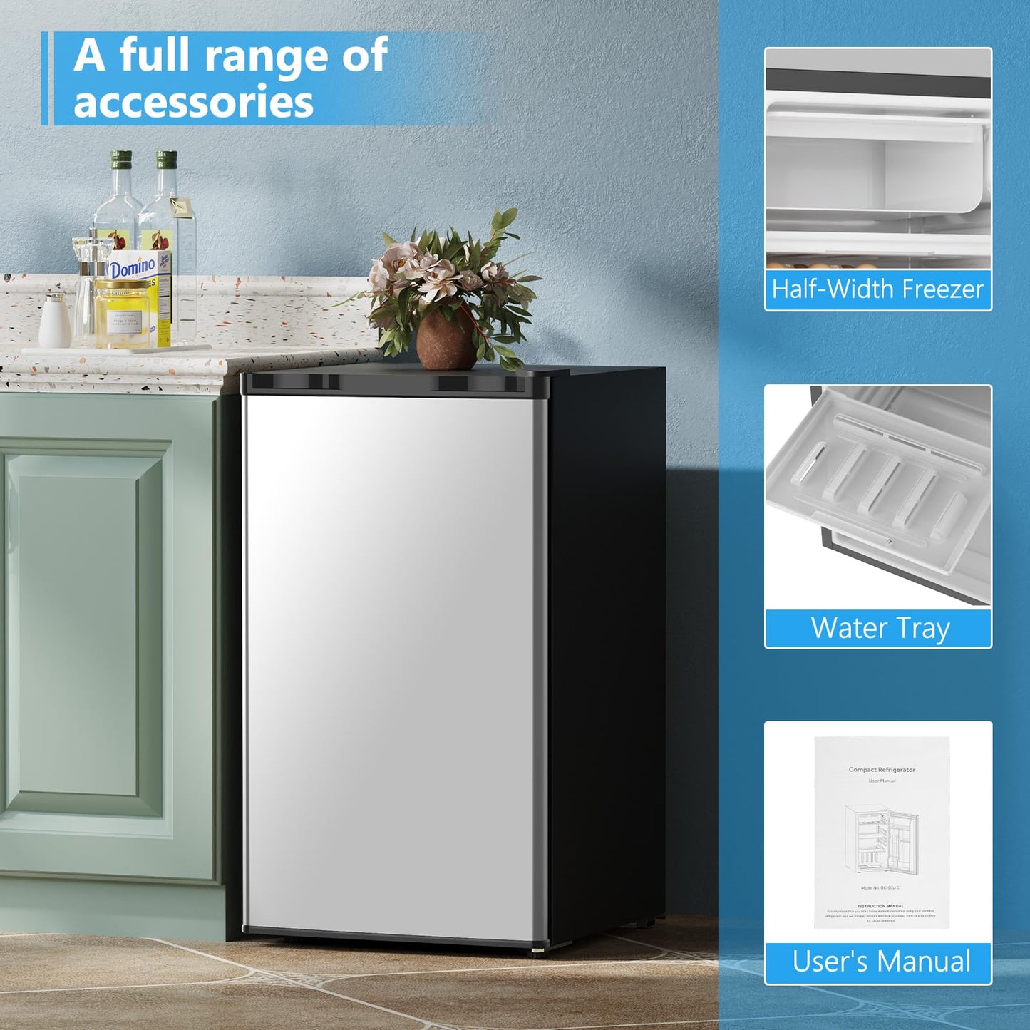 COWSAR 3.2 Cu.Ft Dorm Fridge with Freezer, Single Reversible Door Compact Refrigerator, Adjustable Thermostat, 2 Removable Shelves, Commercial Drink Fridge for Bedroom, Office, Kitchen, Dorm, Silver