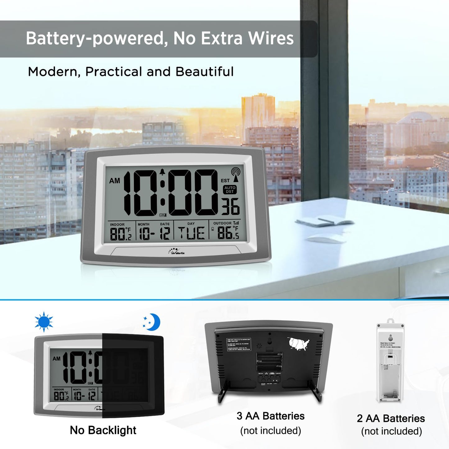 WallarGe Atomic Clock with Outdoor and Indoor Temperature - 12.5 Inch Self-Setting Digital Clock Large Display, Battery Operated Wall Clocks or Desk Clocks for Bedroom, Livingroom, Office