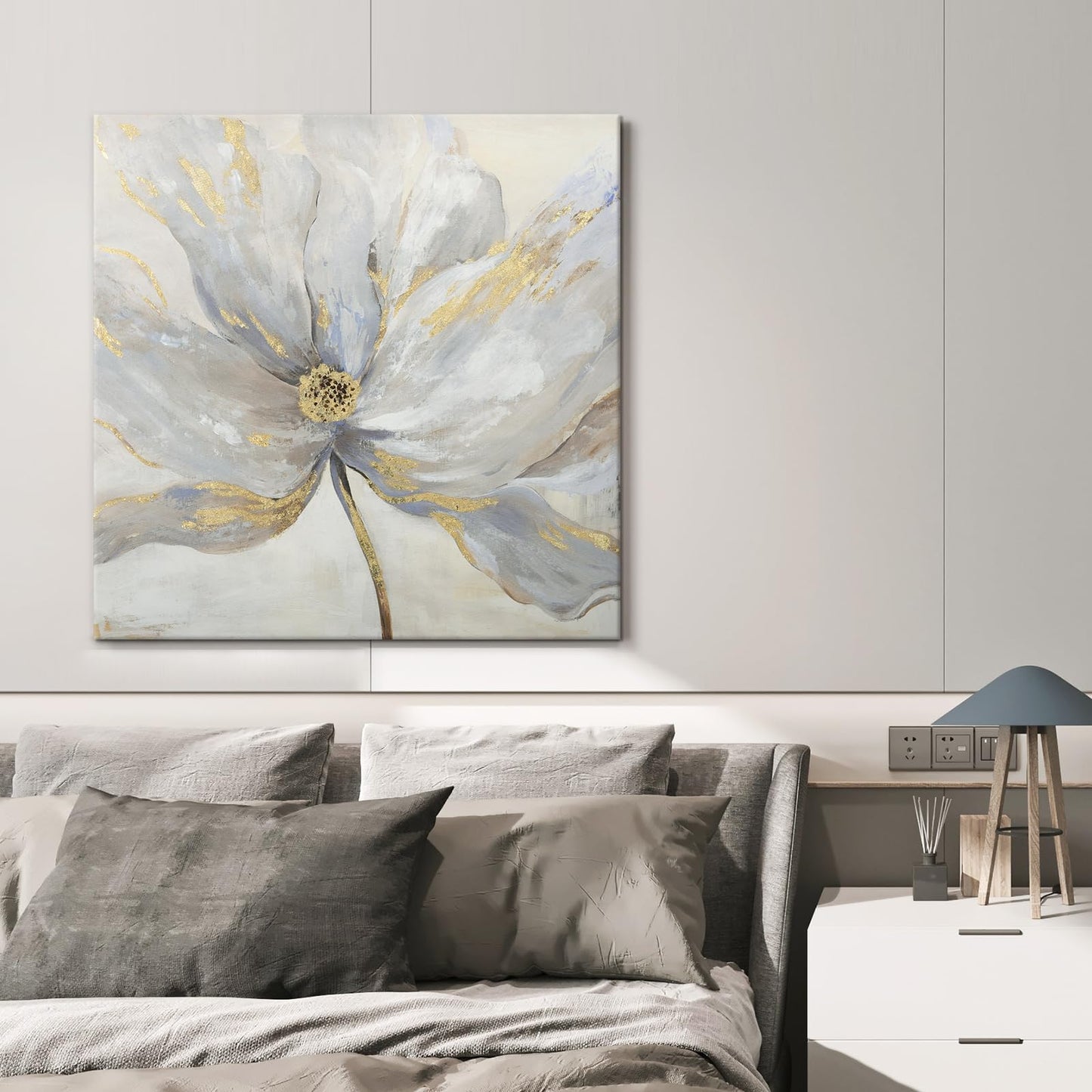 Goldfoilart Floral Wall Art Gold Flower Canvas Pictures with Foil Embellishment Painting Grey Print Framed Artwork for Bedroom Bathroom Living Room Office Wall Decor 24" x 24"