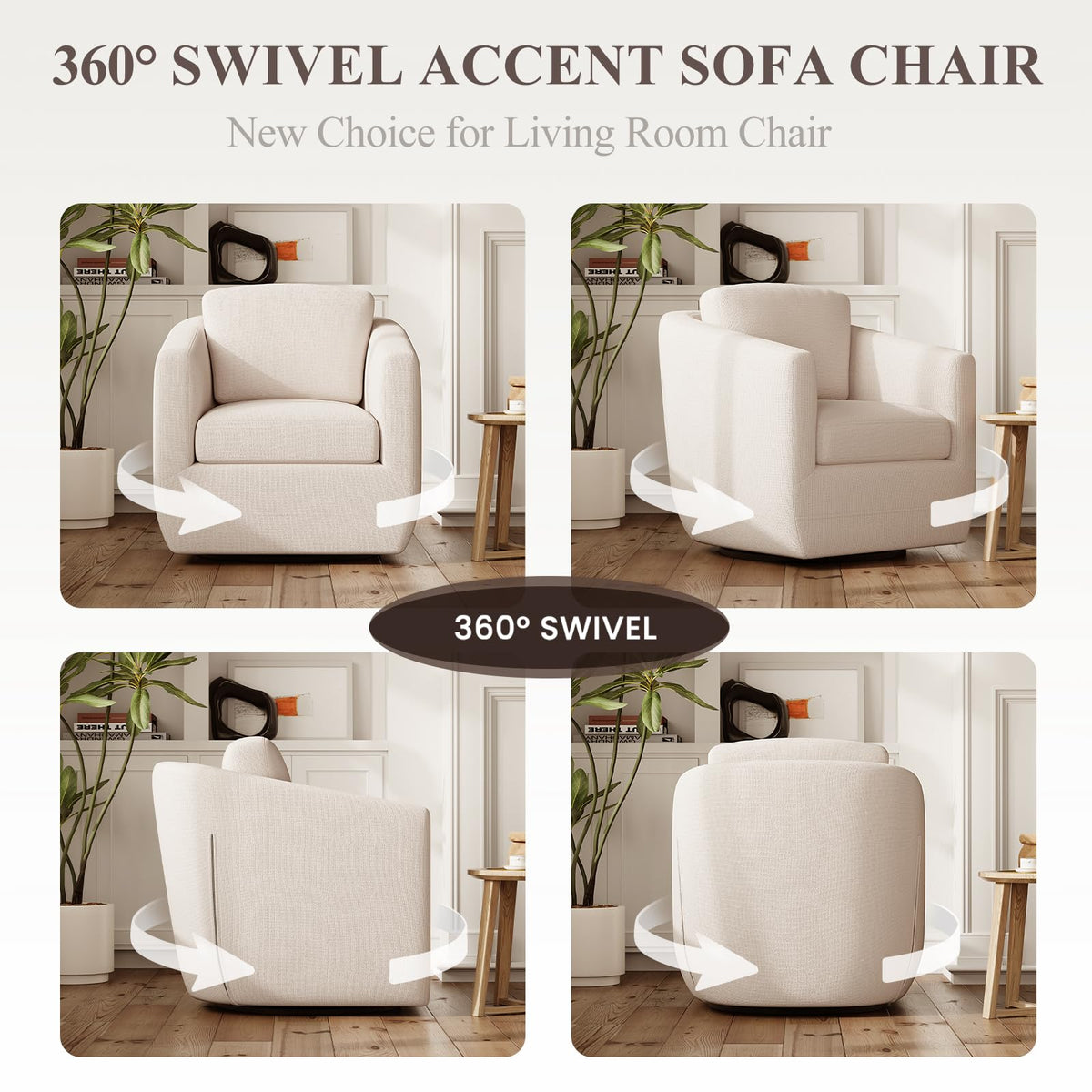 MALOL 360° Swivel Accent Chair Set of 2- Comfy Living Room Armchair No-Sag Foam & Sturdy Metal Base with Pillow, Fully Assembled Swivel Accent Single Sofa for Bedroom, Office, Beige