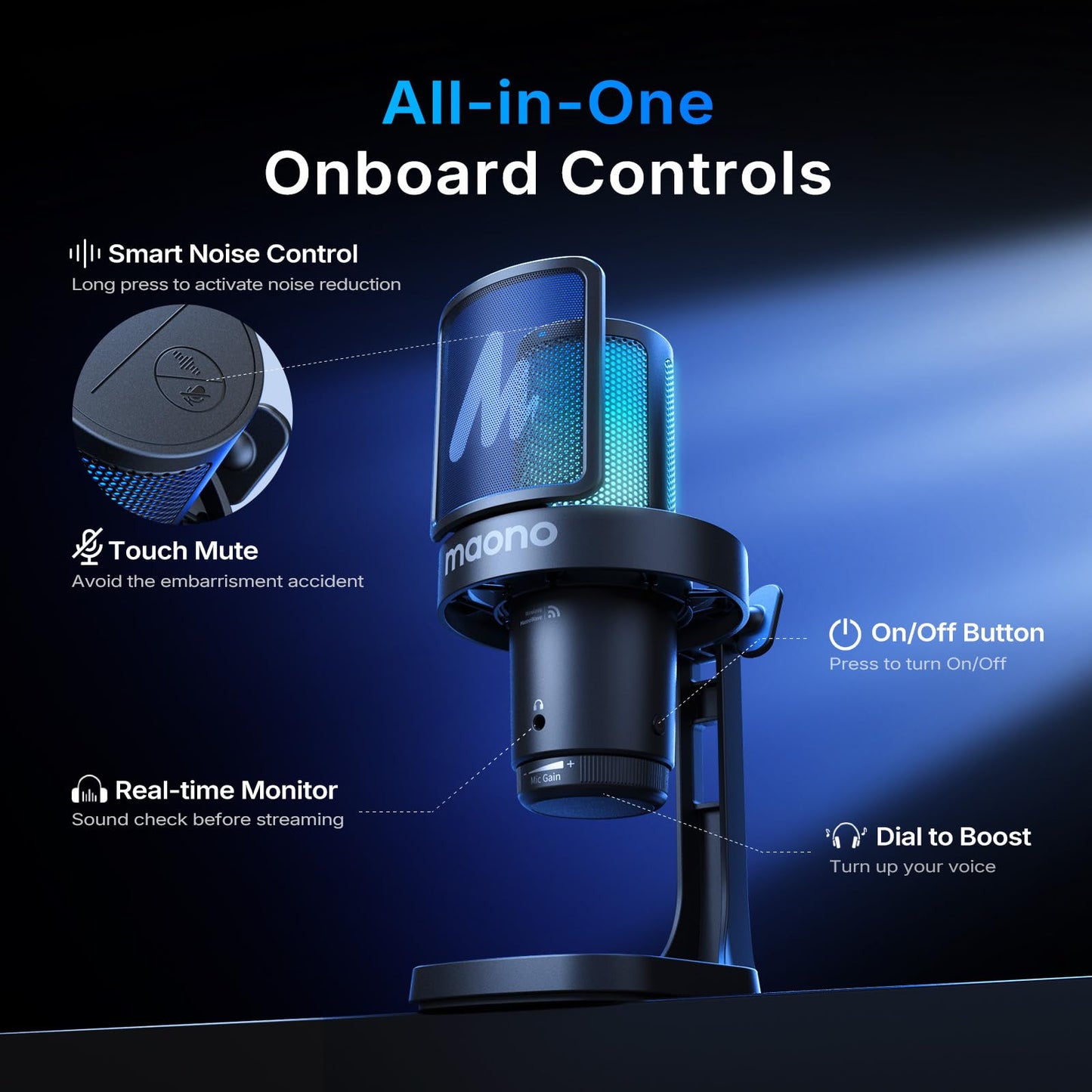 MAONO DGM20W Wireless Microphone for PC, Condenser USB Mic for Gaming Streaming with Noise Cancellation & Quick Mute,Gain Control,RGB,Software, Computer Desktop Mic for PS5 Twitch Discord