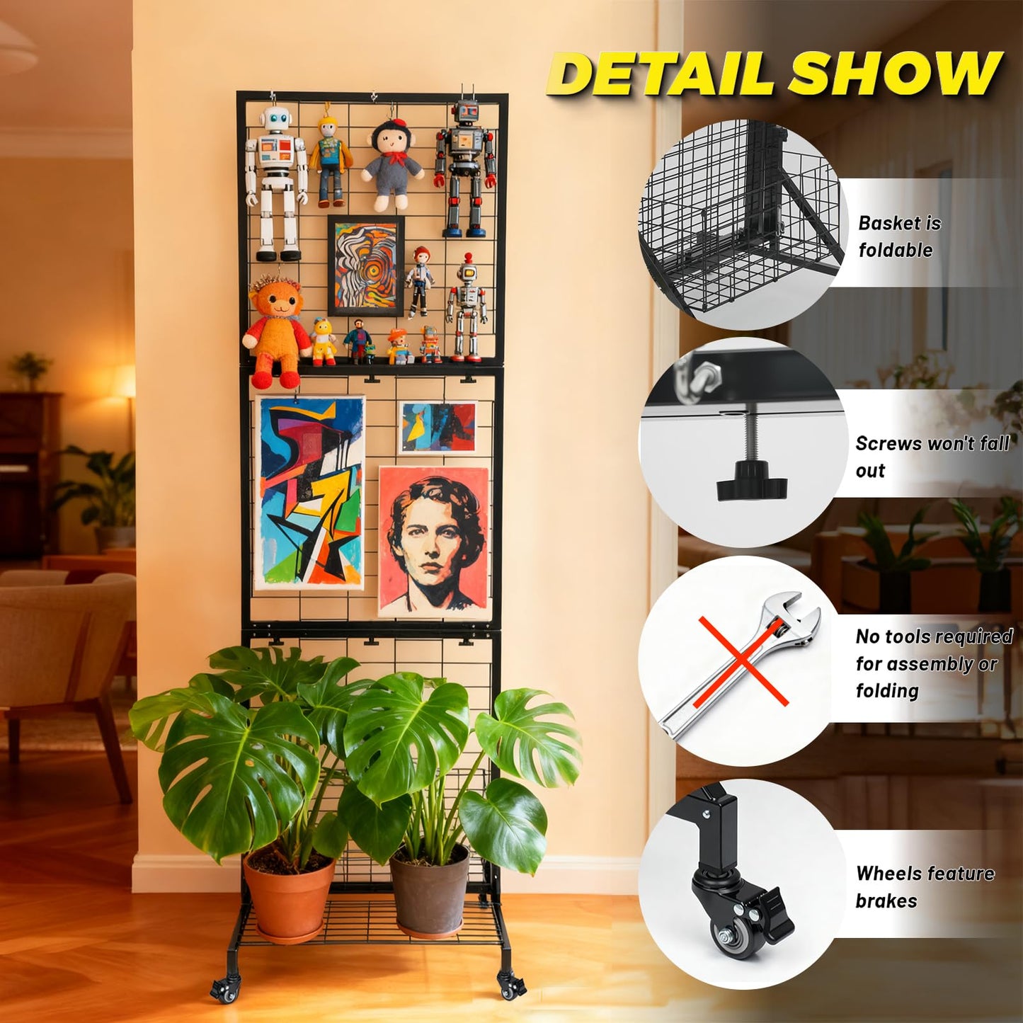 APshouhu Foldable Grid Wall Panels, Gridwall Panels with Folding Baskets, Tool-Free Assembly and Folding, for Storage and Retail Merchandise Display (Black)