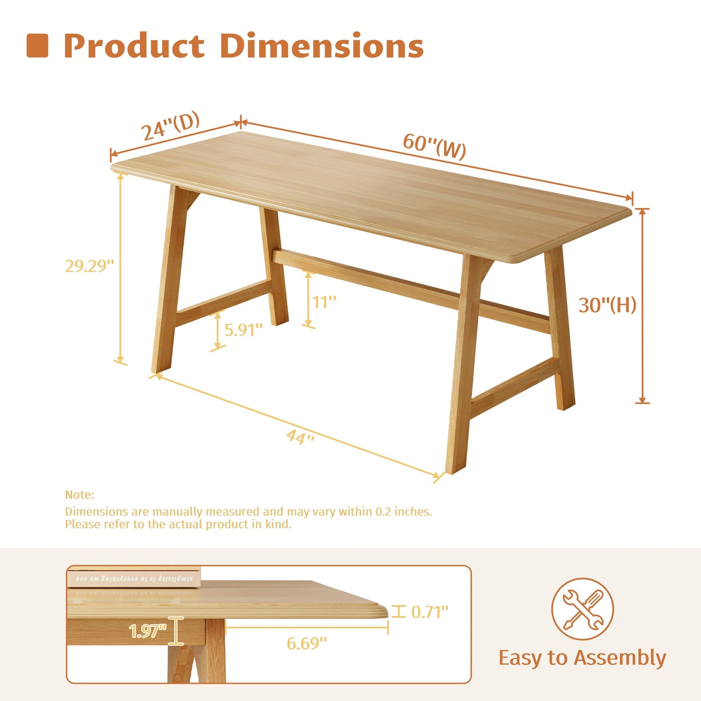 IOTXY Solid Wood Writing Table - 60" W x 24" D Minimalist Computer Desk for Home Office, Work, Study, Creativity, and PC Workstation, Oak