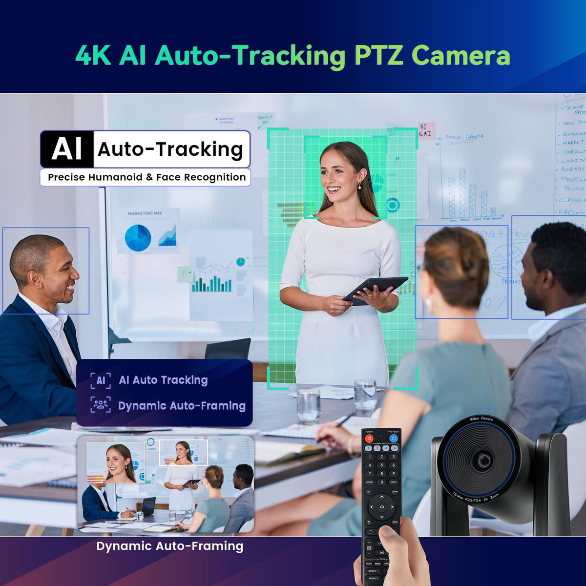 4K Conference Room Camera System AI Auto-Tracking 4K PTZ Camera 3X Optical Zoom USB3.0 HDMI Outputs and Bluetooth Speakerphone with Mics for Conferencing Worship Church Education Medical