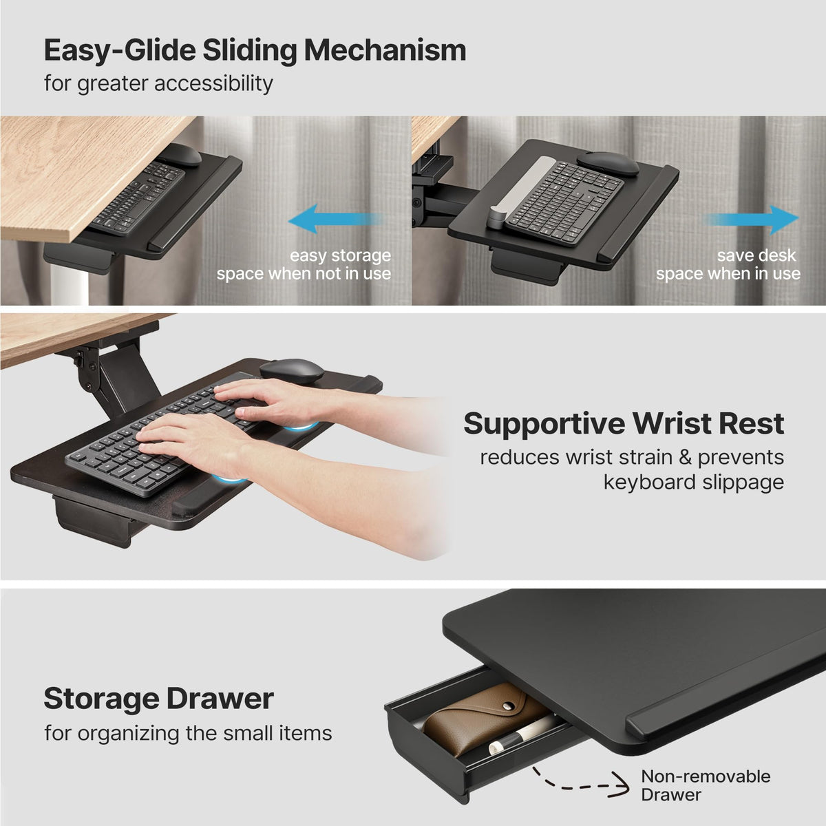 PEGZONE Keyboard Tray Under Desk with Storage Drawer, Height Adjustable Keyboard Tray Slide Out Swivel Tilt, Ergonomic Under Desk Mount Keyboard & Mouse Holder for Gaming Home Office, 25x11'', Black