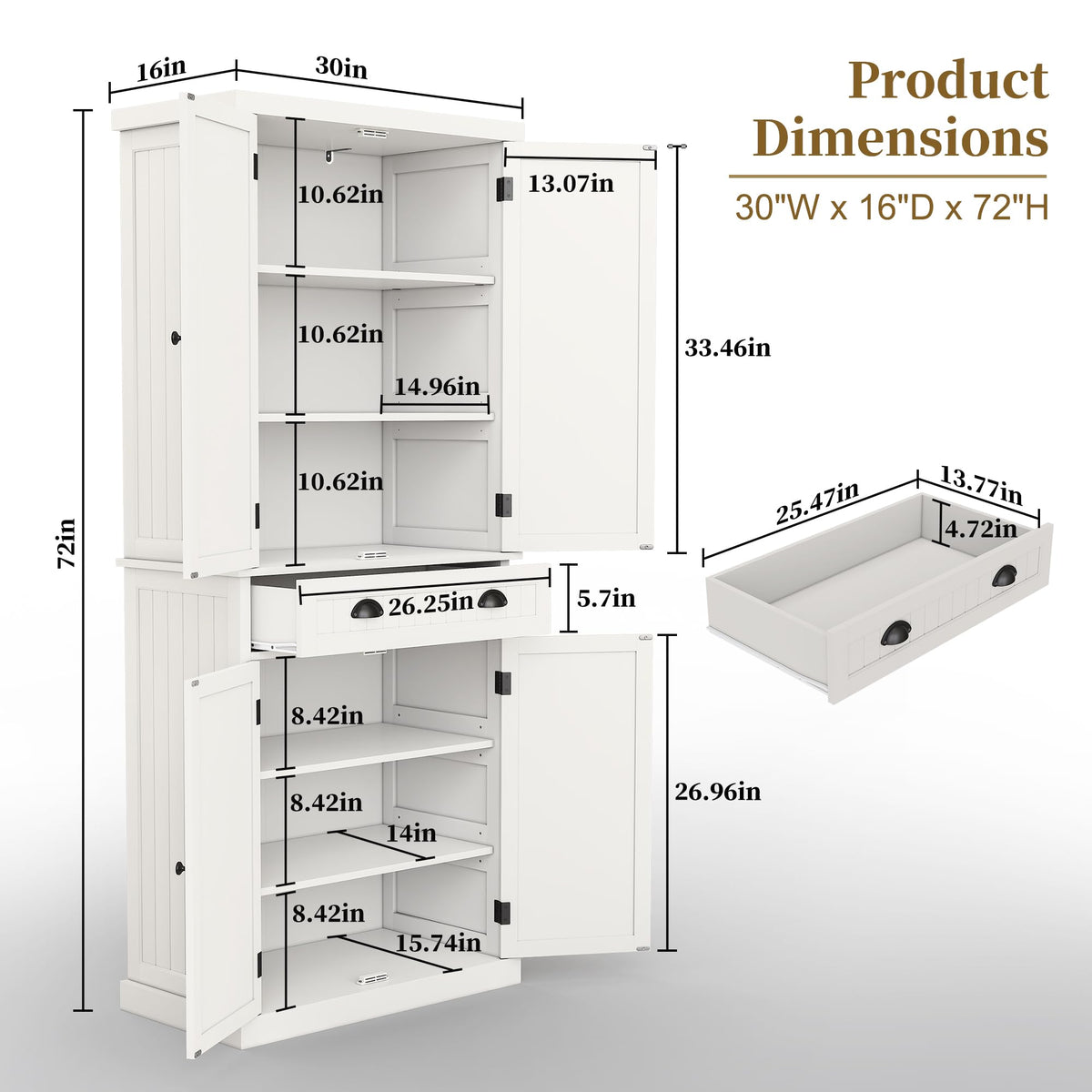 ARTPOWER 72" Tall Kitchen Pantry Storage Cabinet with Drawer and Adjustable Shelves, Pantry Cabinet for Kitchen, Bathroom or Hallway, White